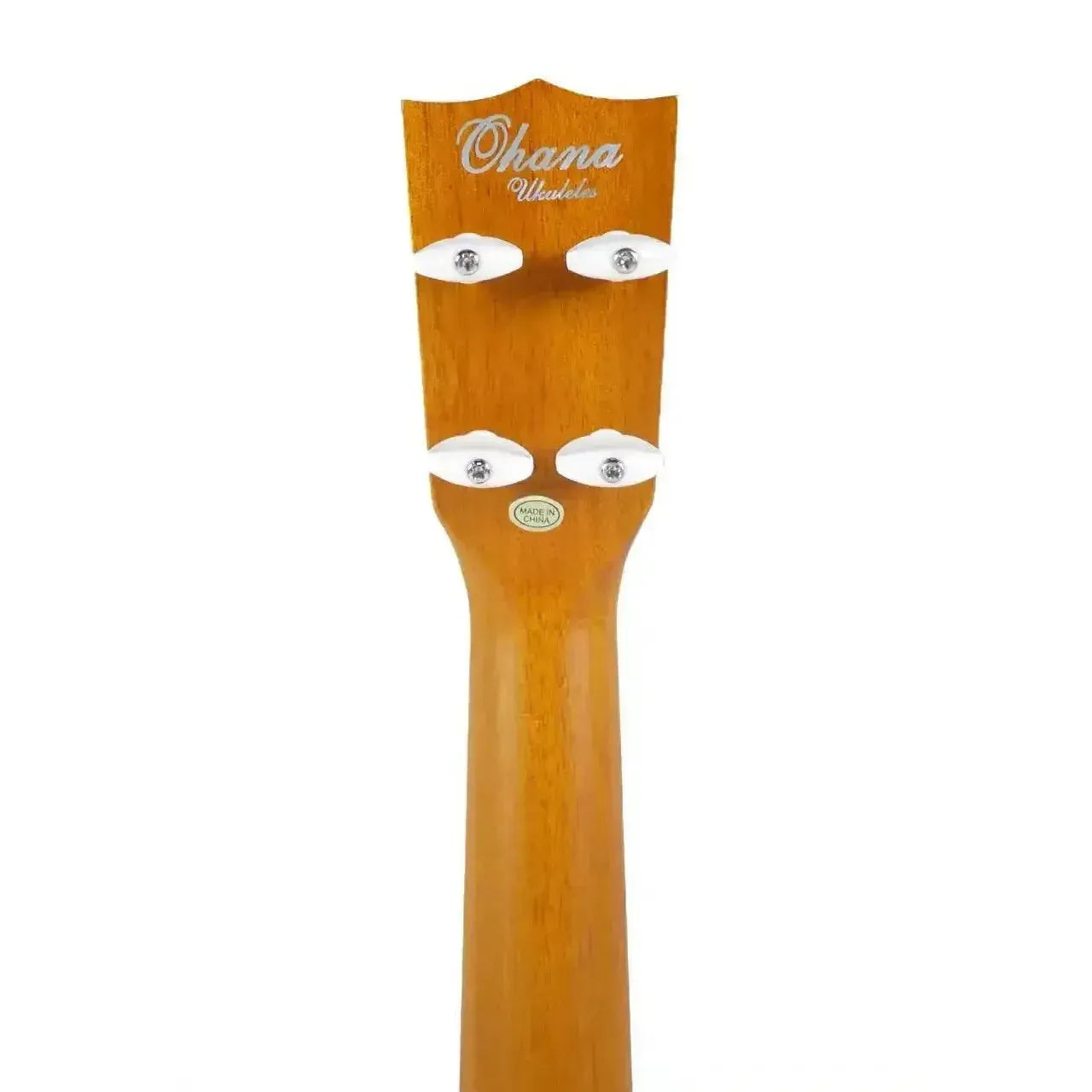 Ohana SK-28 Soprano Ukulele headstock with "Ohana Ukuleles" logo, Gotoh friction tuners, and satin mahogany finish.