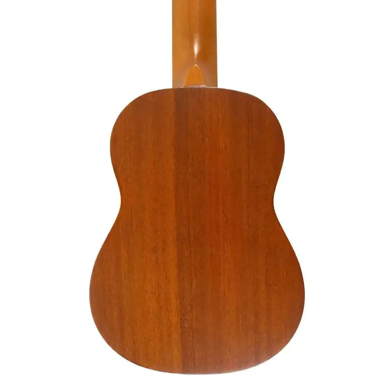 Back of an Ohana SK-30L longneck soprano ukulele, showing its solid mahogany wood grain and satin finish.