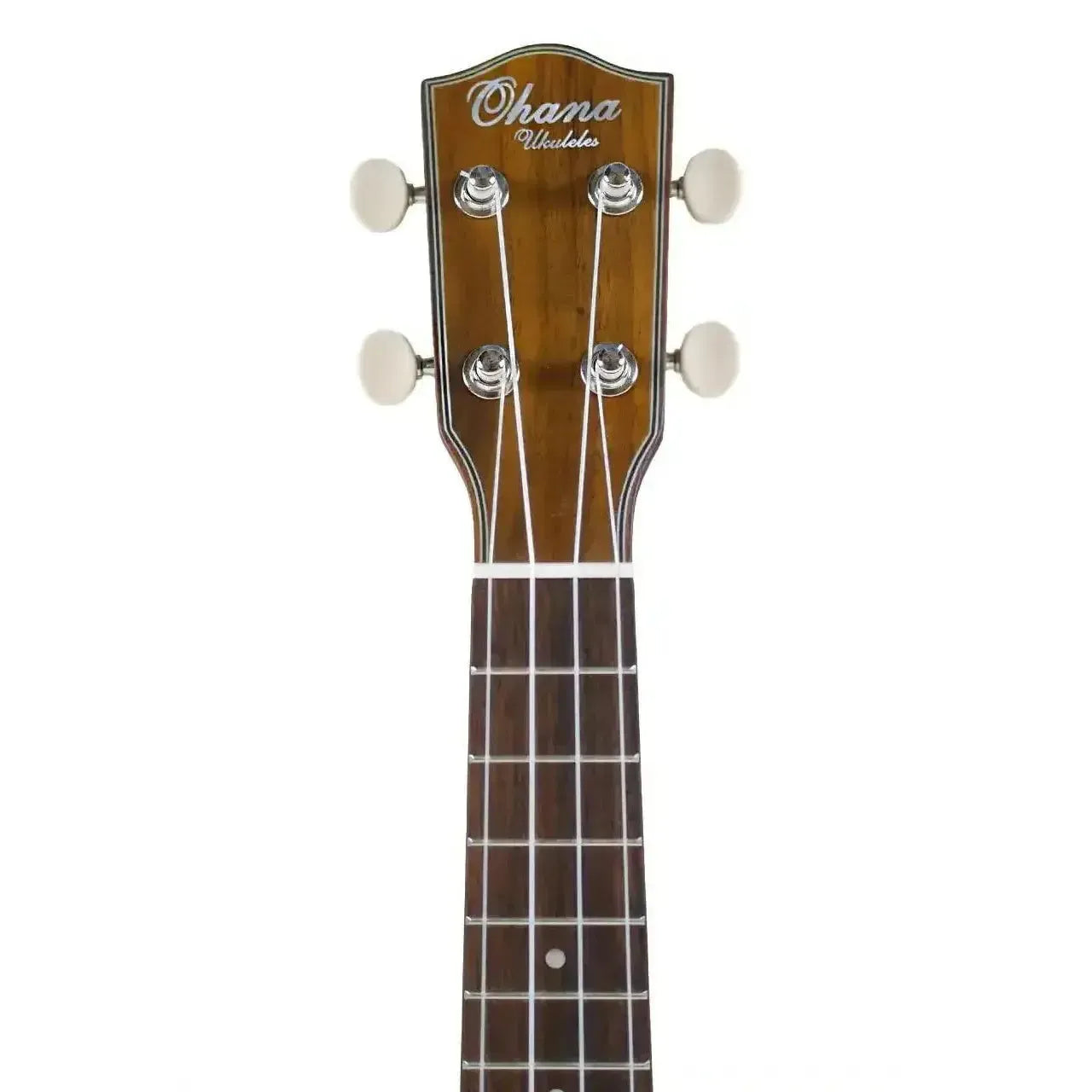 Ohana SK-35 Soprano Ukulele headstock and fretboard, featuring mahogany wood, white tuning pegs, and brand logo.