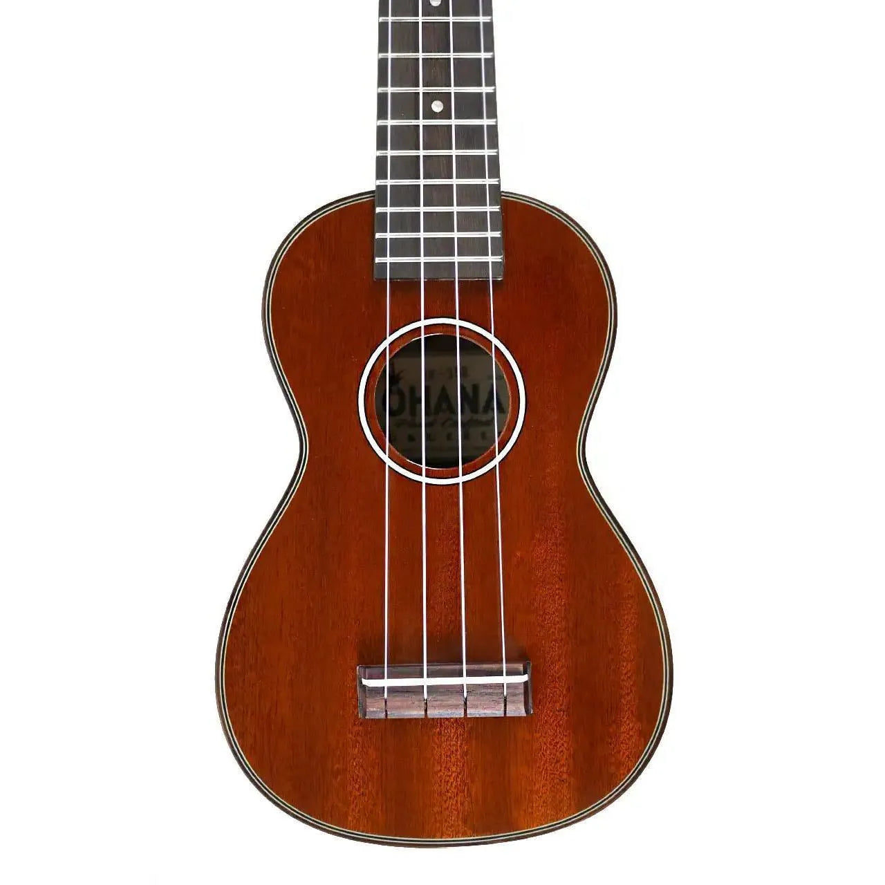 Ohana SK-35G Gloss Solid Mahogany Soprano Ukulele with dark wood body, white strings, and fretboard.