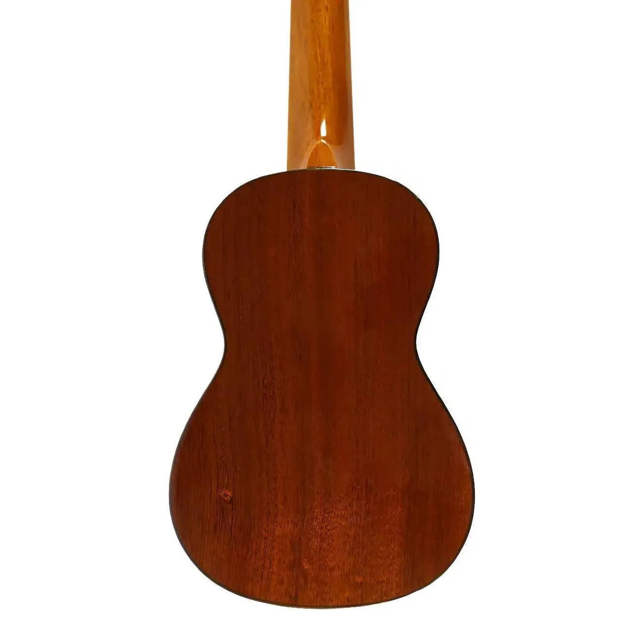 Back of an Ohana SK-35G Gloss Solid Mahogany Soprano Ukulele with a rich brown finish.