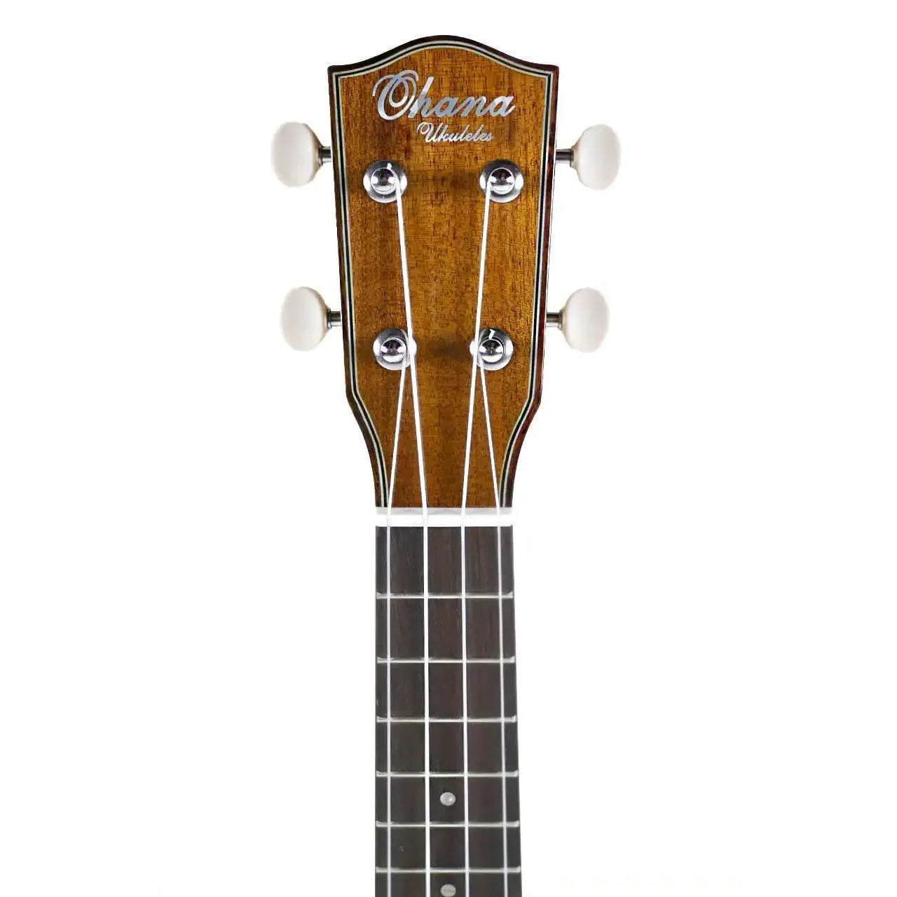 Ohana SK-35G soprano ukulele headstock and fretboard, showing gloss solid mahogany and white tuners.