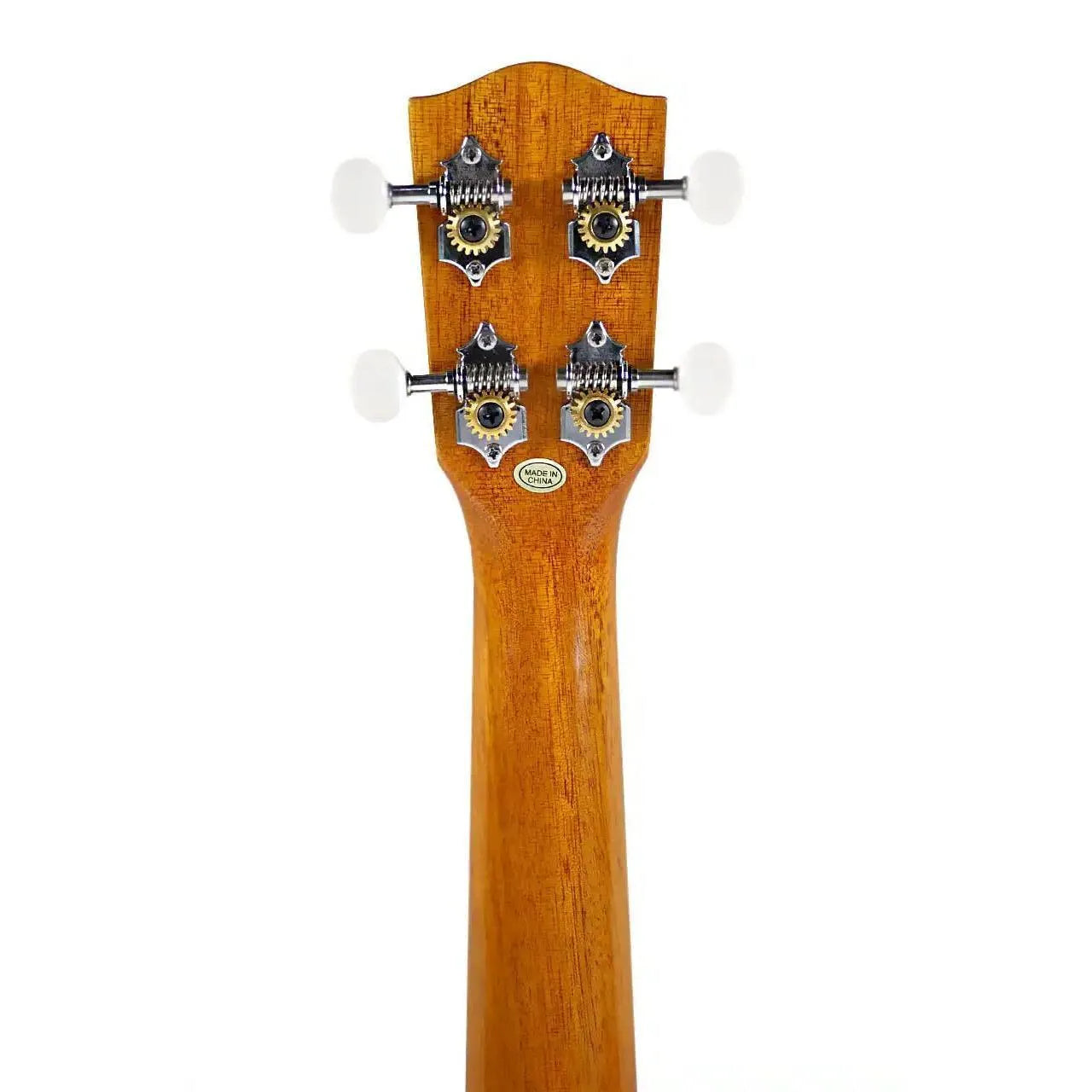 Back of Ohana SK-35G soprano ukulele headstock and neck, showing open-geared tuners and mahogany wood.