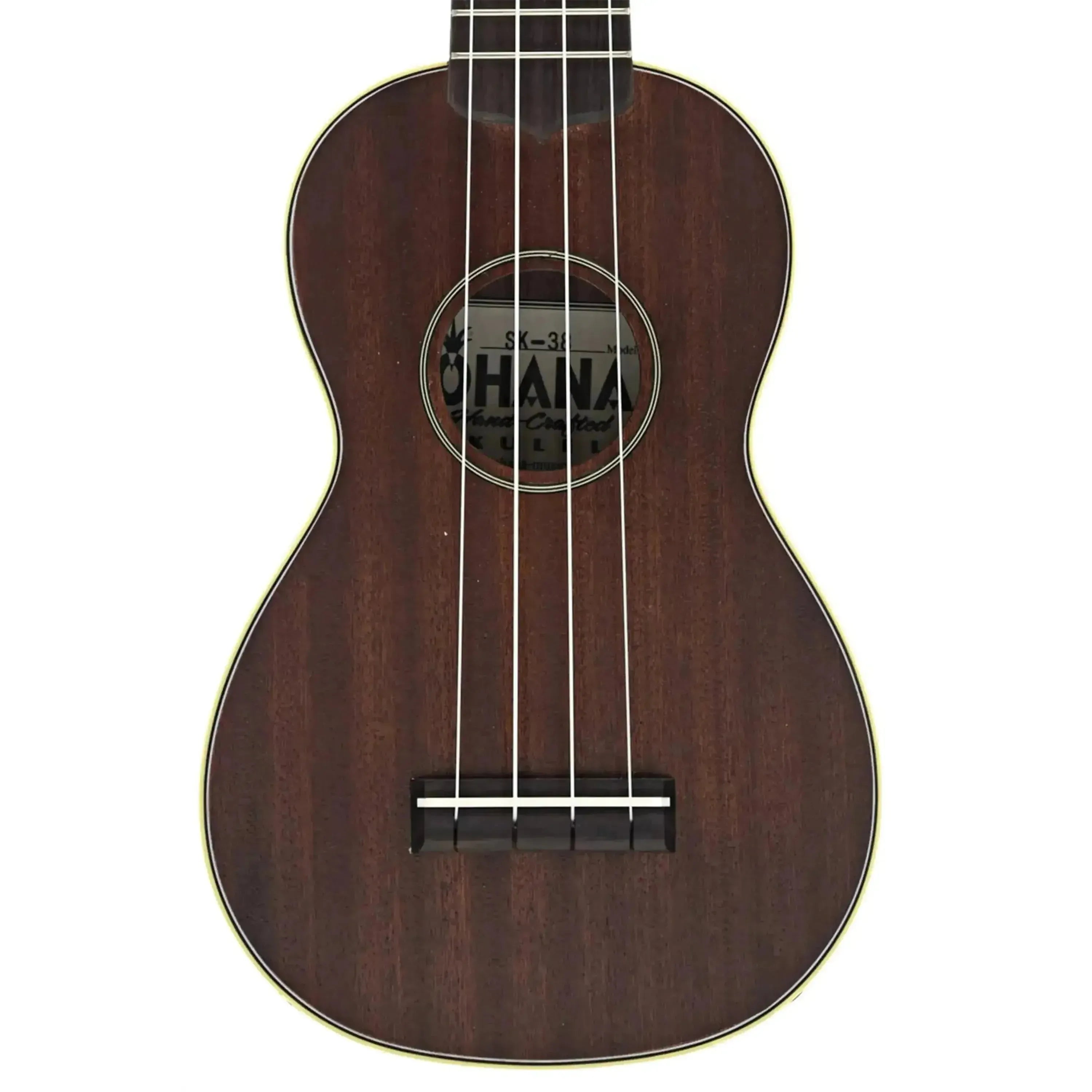 Ohana SK-38 soprano ukulele with dark mahogany body, vintage satin finish, and cream binding.