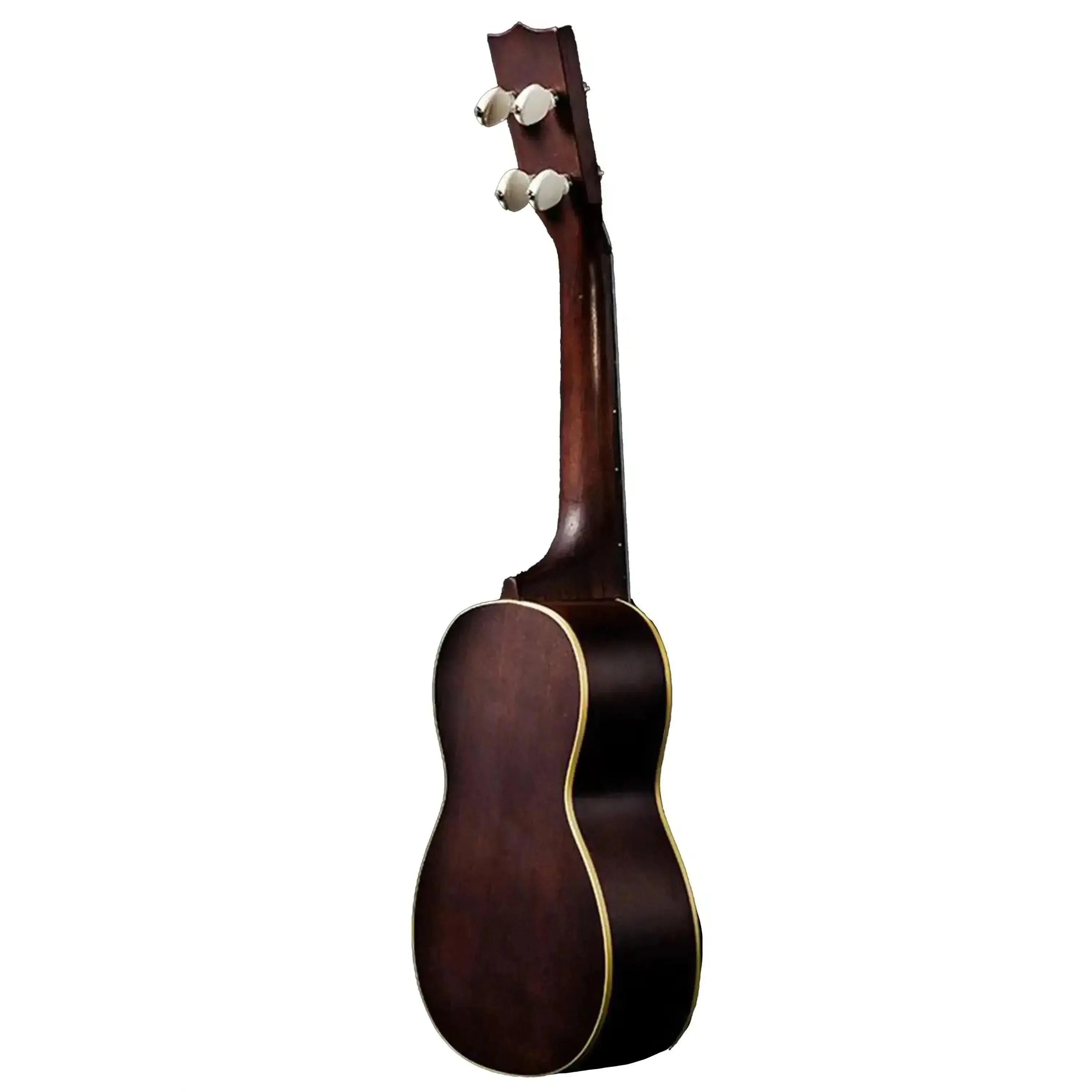 Ohana SK-38 Soprano Ukulele, mahogany body with vintage satin finish and cream binding, back view.