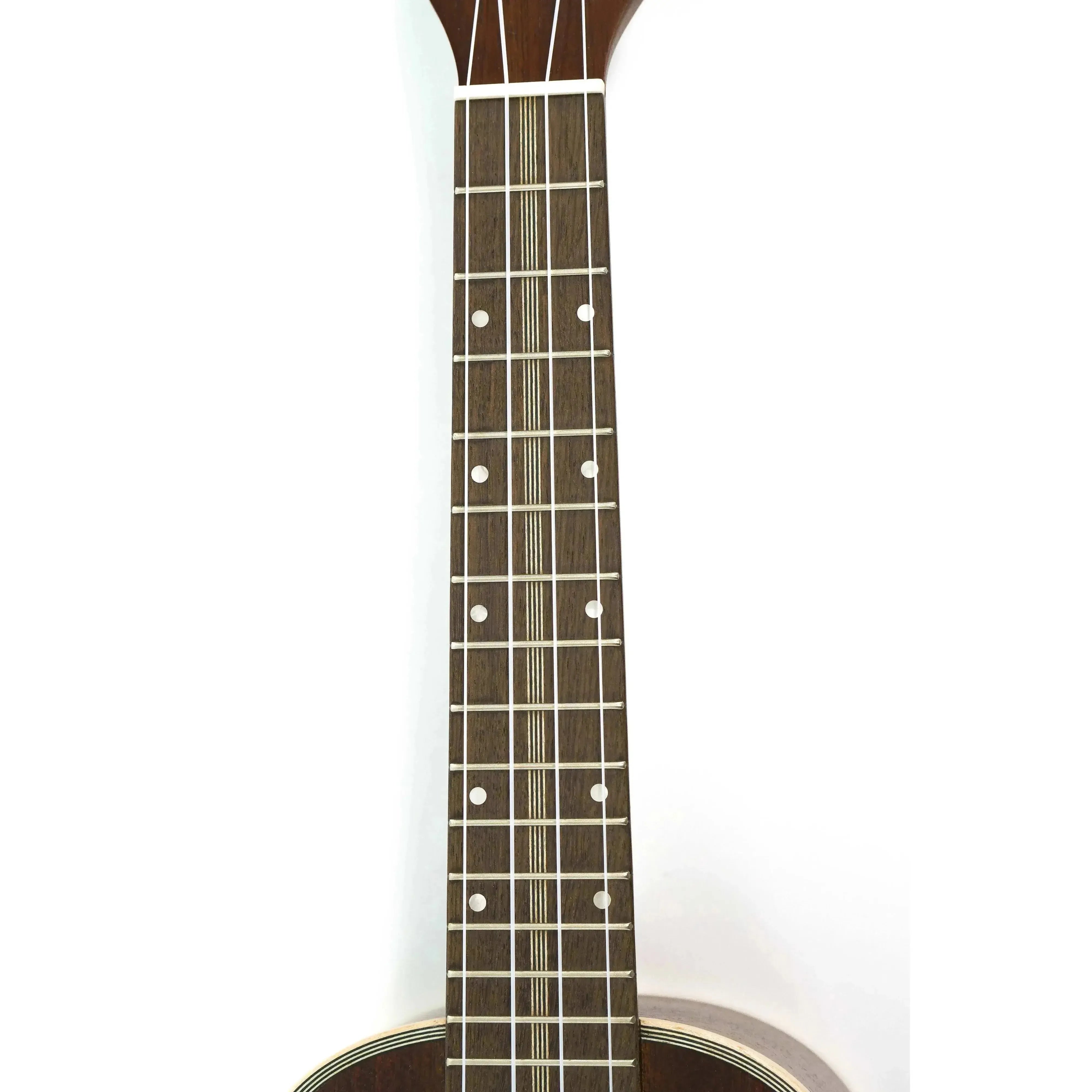 Ohana SK-39 Soprano Ukulele's dark mahogany fretboard with white frets and pearloid double dot inlays.