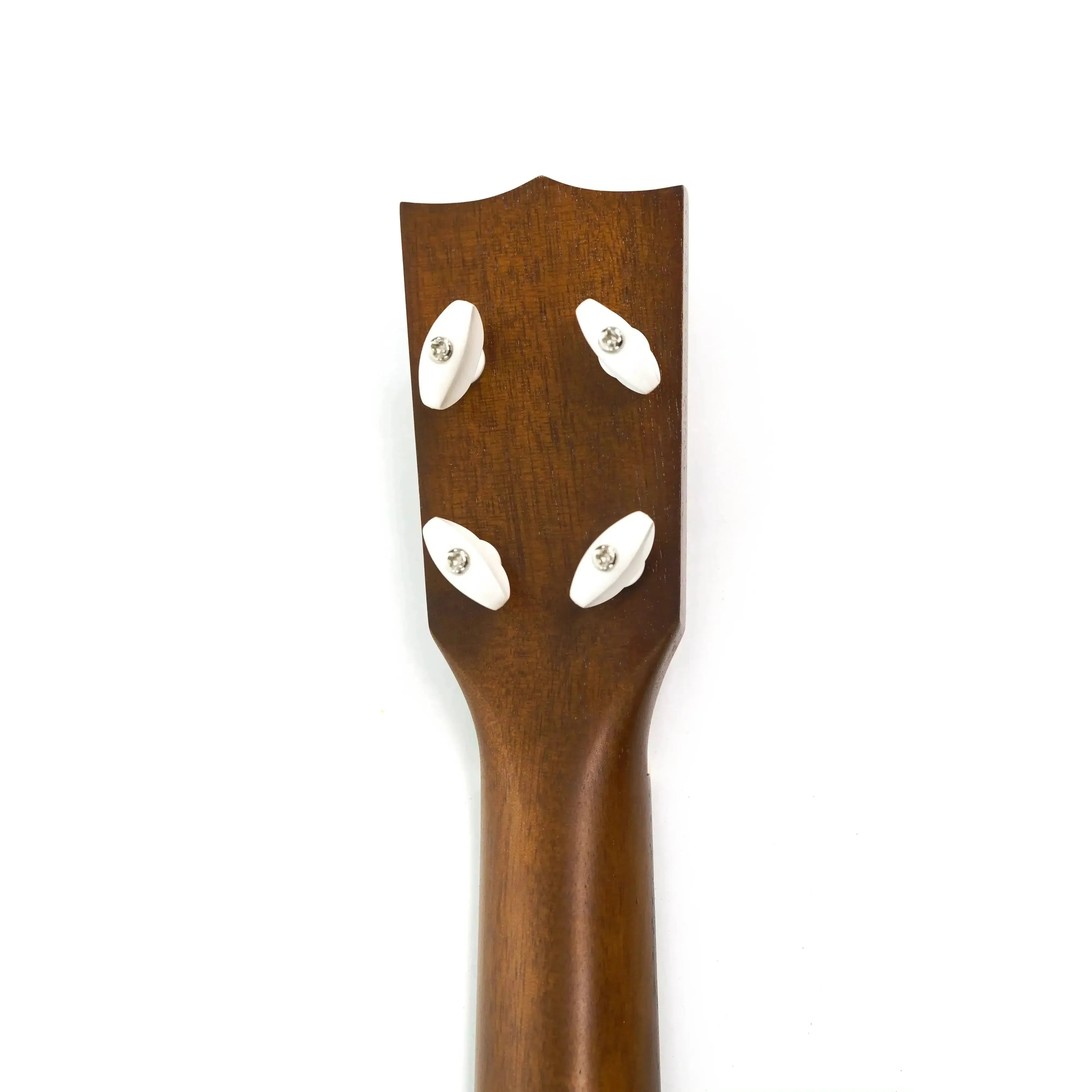 Ohana SK-39 Soprano Ukulele mahogany headstock with four white Gotoh friction tuners.