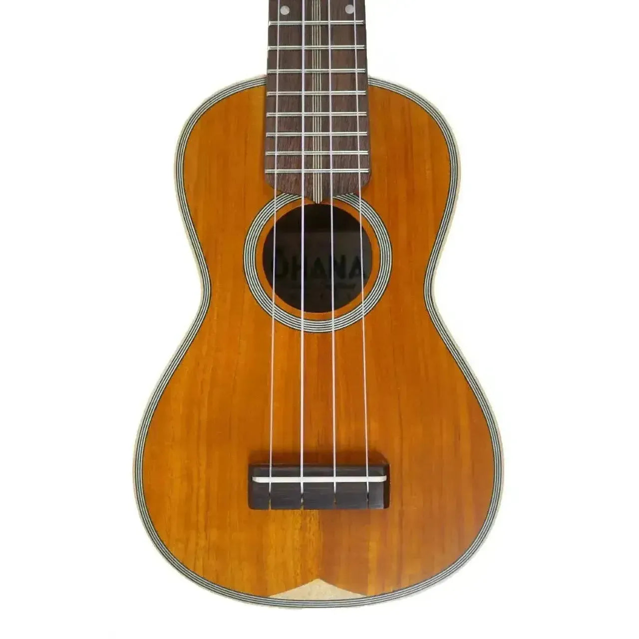 Ohana SK-390 Soprano Ukulele with vintage satin Hawaiian Koa body, maple binding, and dark fretboard.