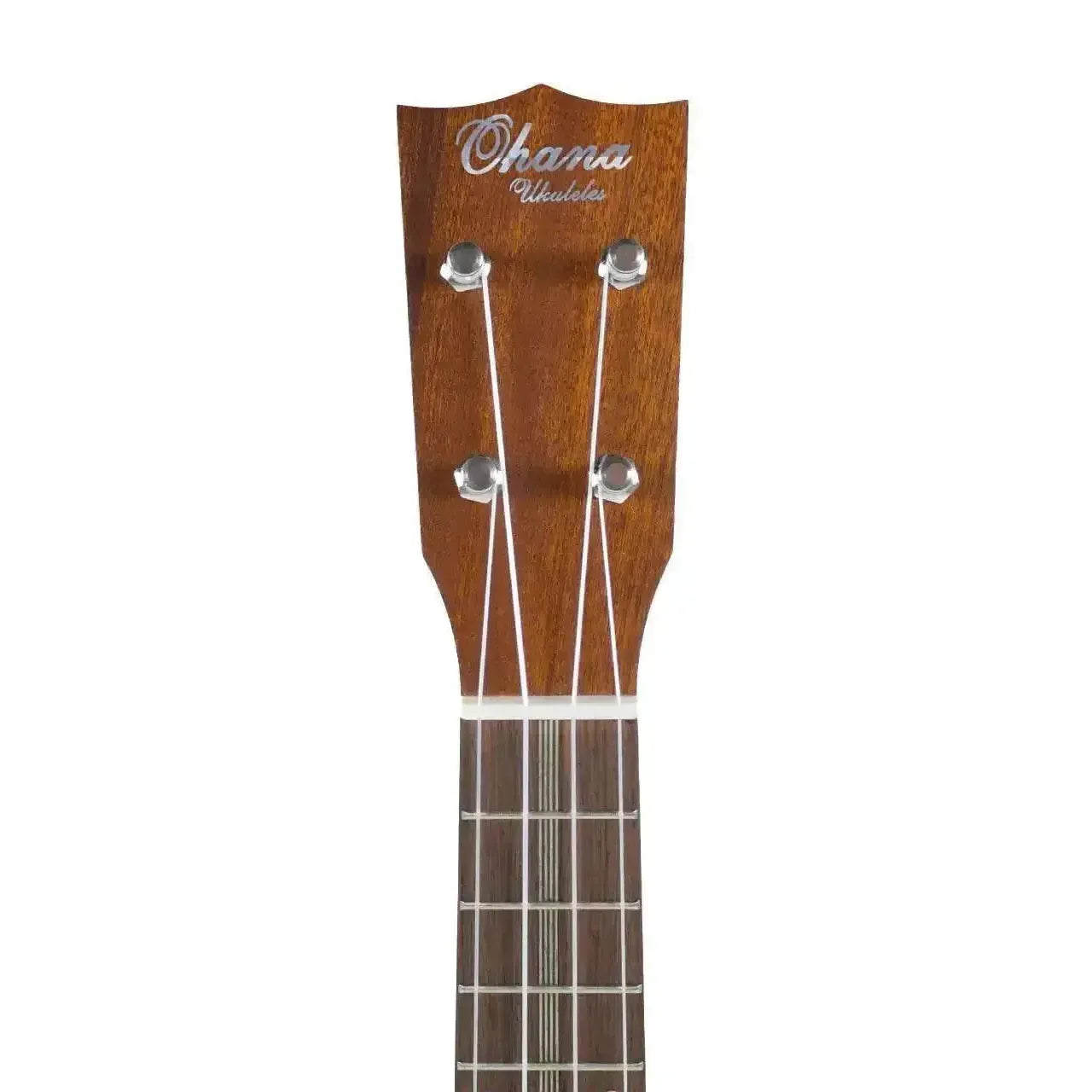 Ohana SK-390 Soprano Ukulele headstock with vintage satin koa finish, Gotoh tuners, and "Ohana Ukuleles" logo.