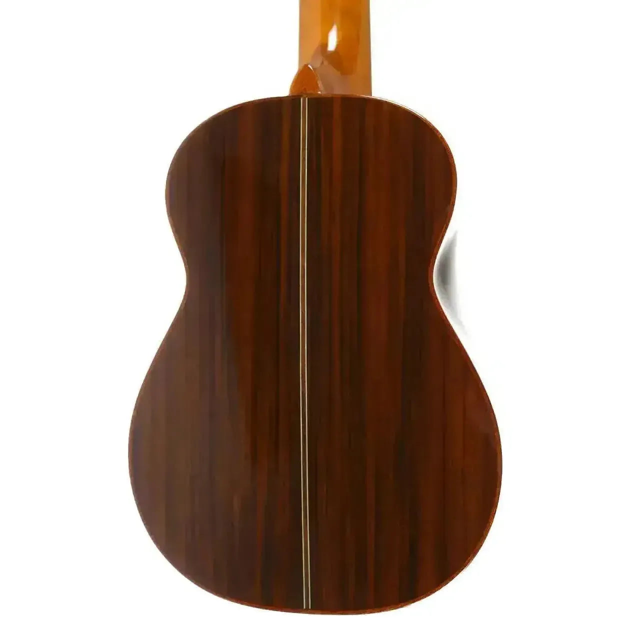 Ohana SK-50G Soprano Ukulele's glossy rosewood back with a light wood center stripe and mahogany neck.