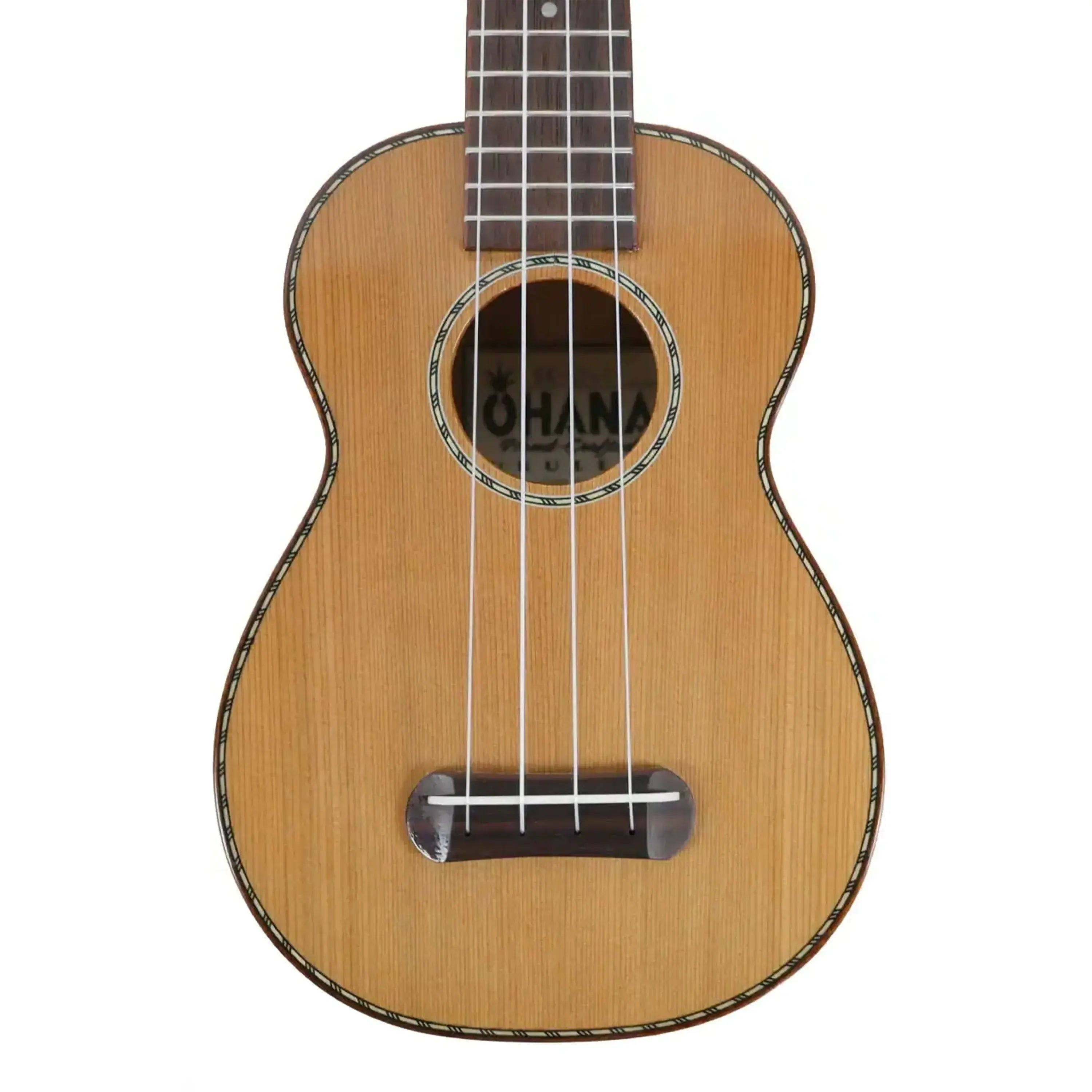 Ohana SK-50MG soprano ukulele with solid cedar top, rope purfling, and flamed mahogany back.