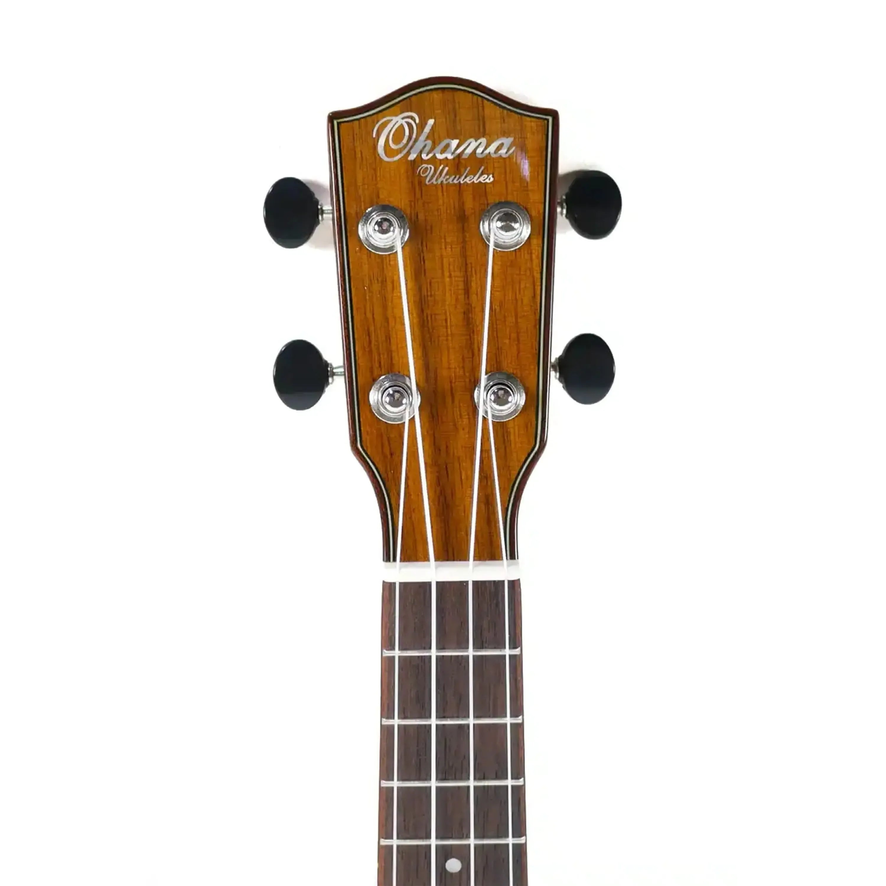 Ohana Ukuleles headstock with "Ohana Ukuleles" logo, Grover tuners, and mahogany finish.