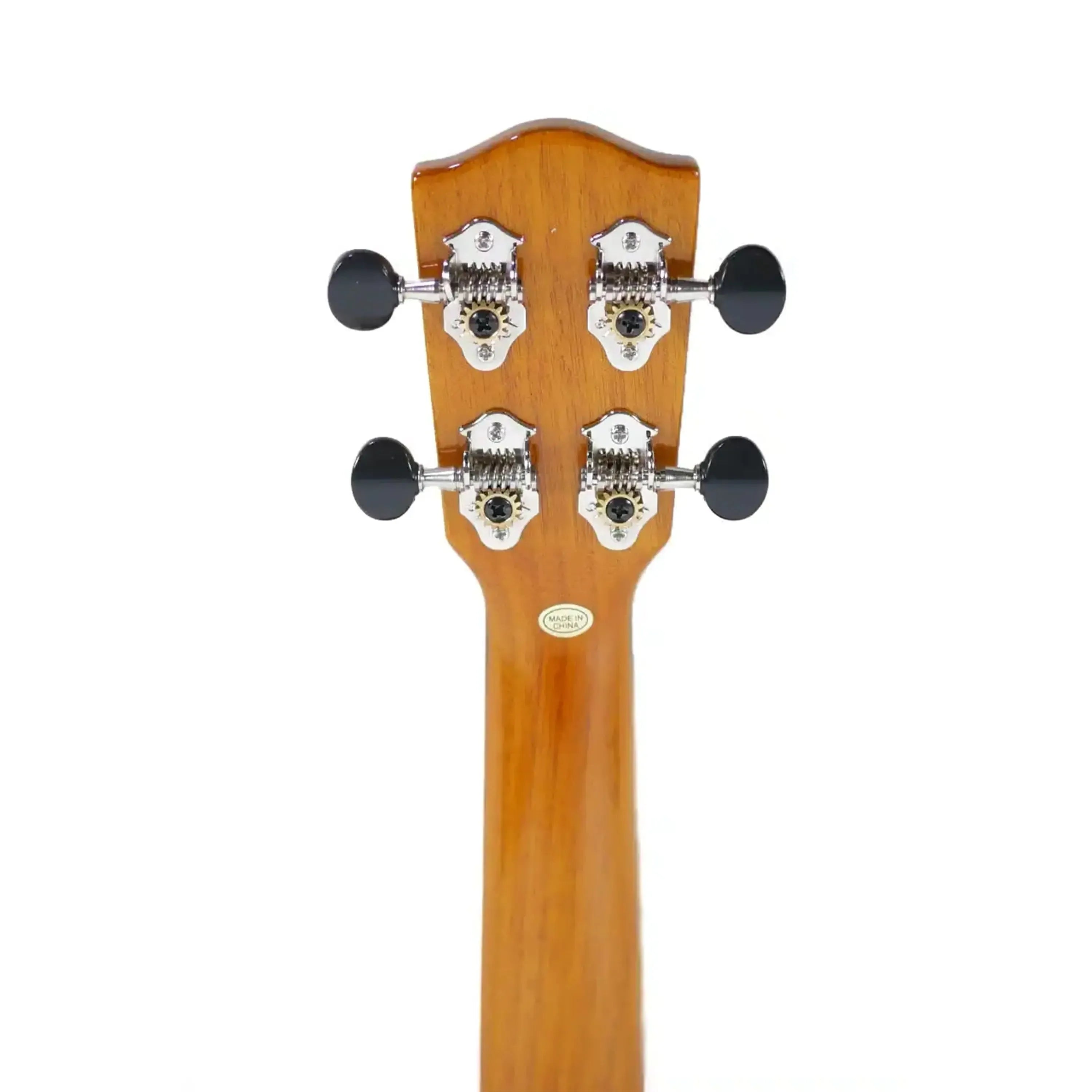 Back of Ohana SK-50MG soprano ukulele headstock with mahogany neck, Grover tuners, and black knobs.
