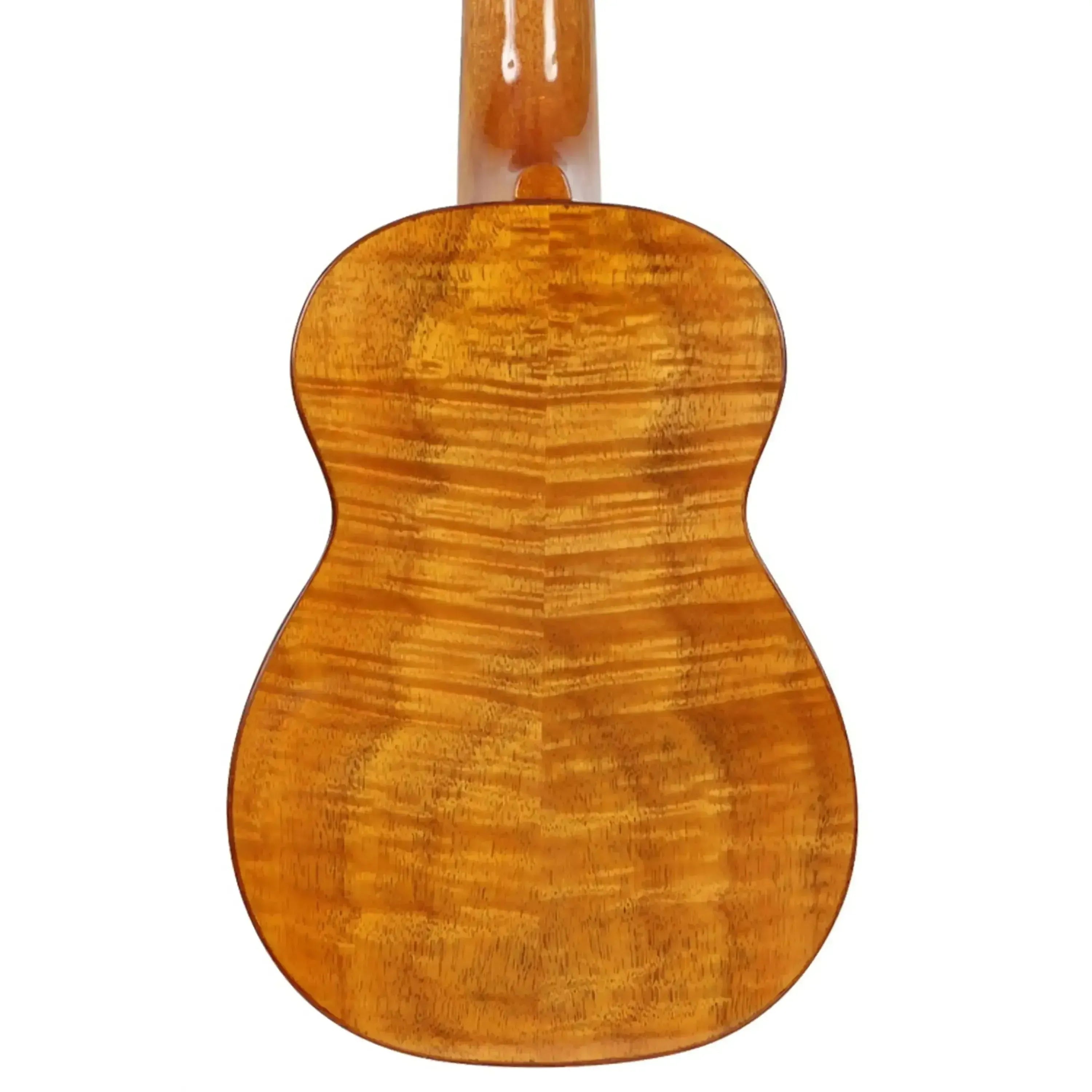 Back of an Ohana SK-50WG Soprano Ukulele, showing its gloss-finished laminate willow wood with wavy grain.