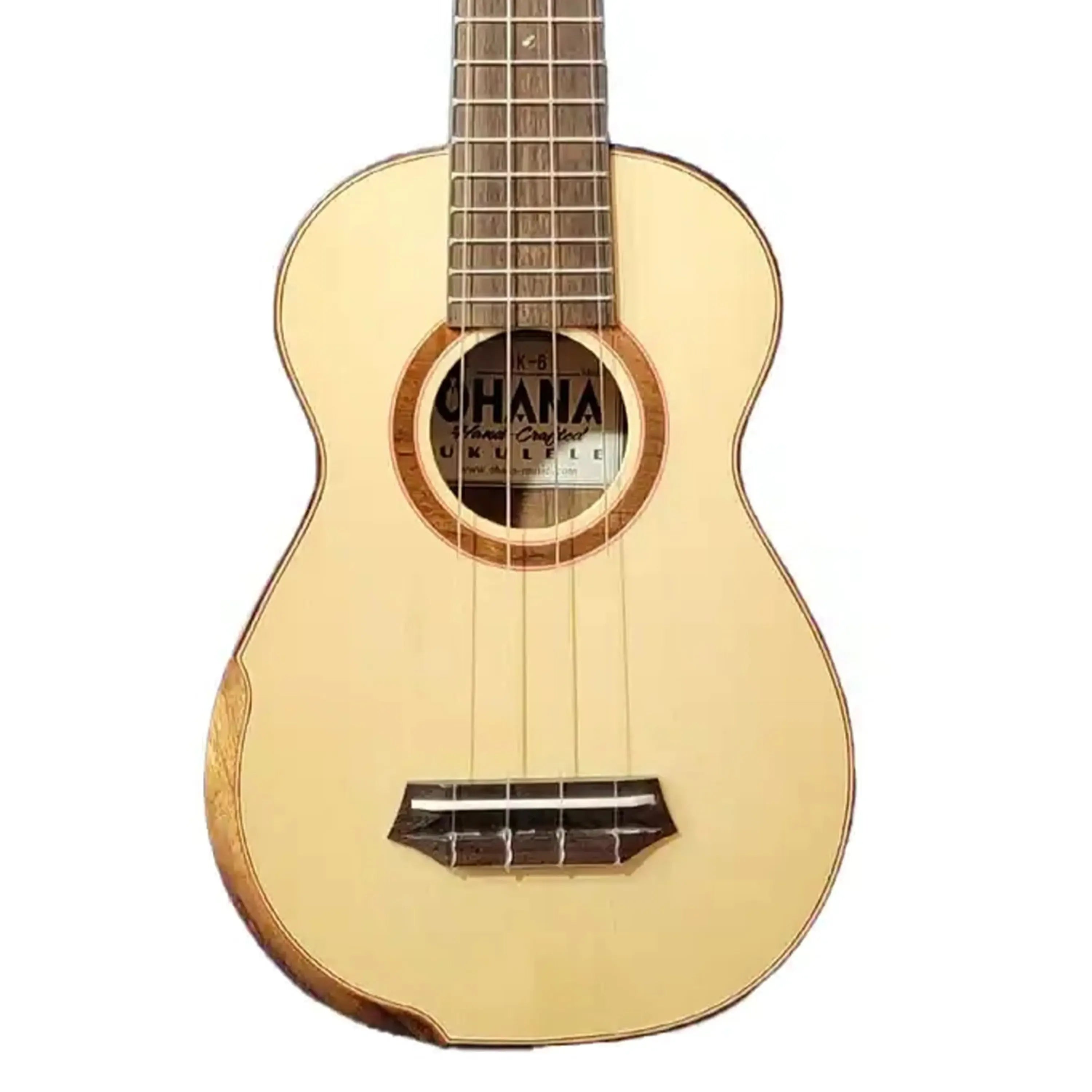 Ohana SK-6 Soprano Ukulele with light spruce top, acacia back, gloss finish, and rosewood fretboard.