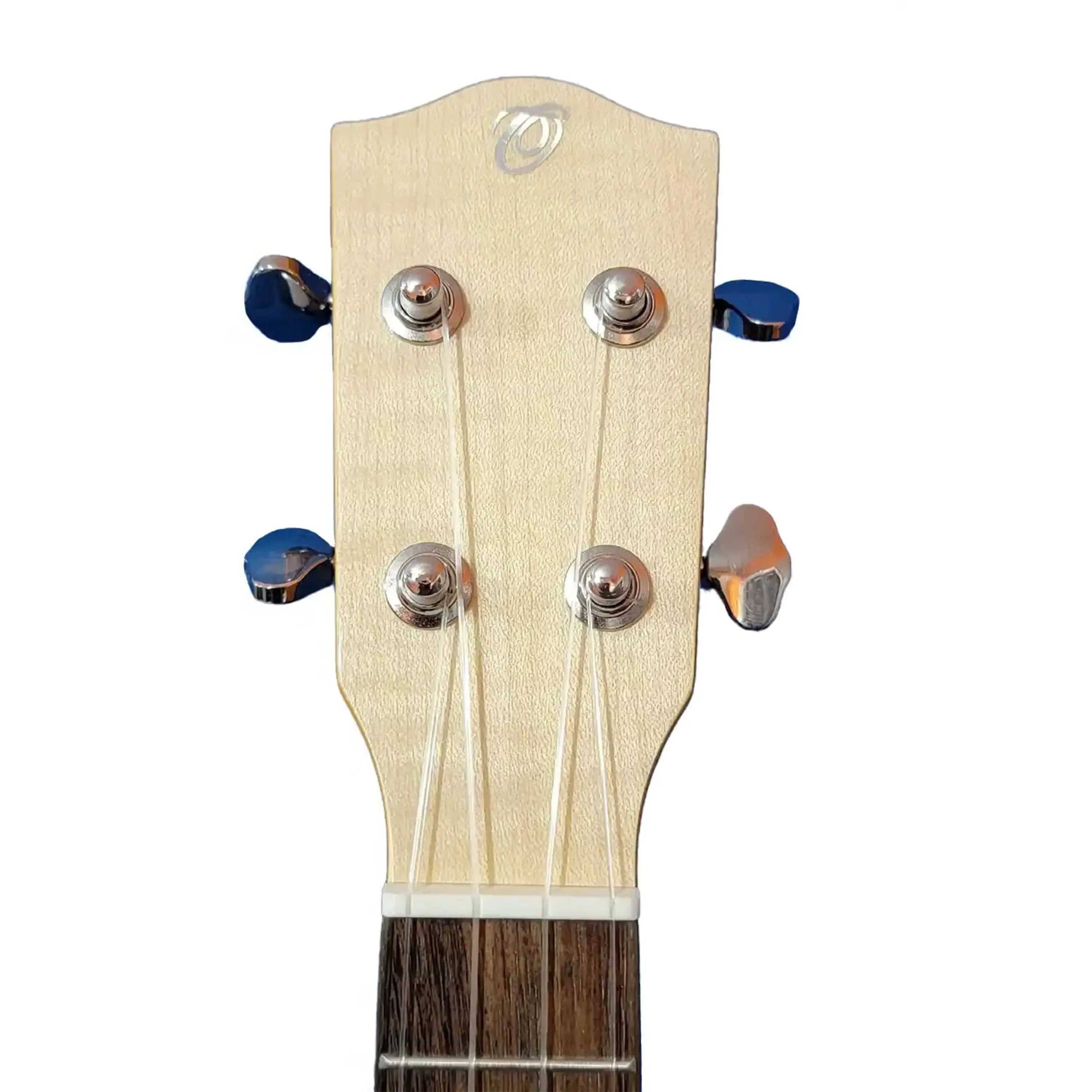 Ohana SK-6 Soprano Ukulele headstock with light spruce wood, Grover geared tuners, and fluorocarbon strings.