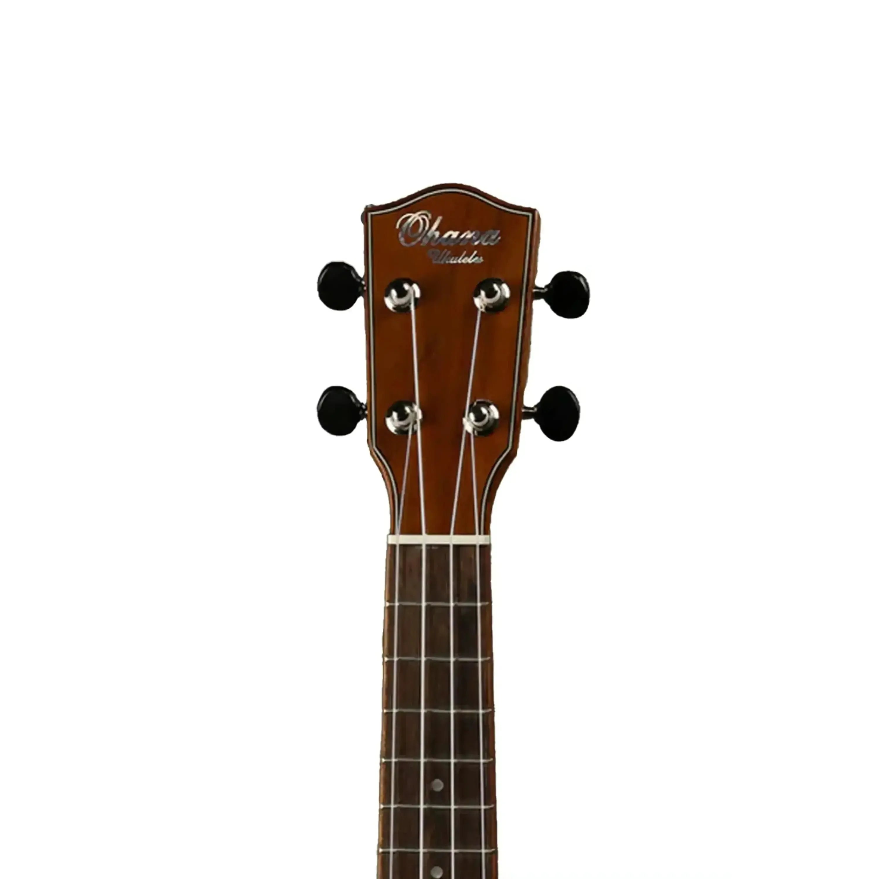Ohana SK-70WG Soprano Ukulele headstock with mahogany finish, black tuners, and "Ohana Ukuleles" logo.