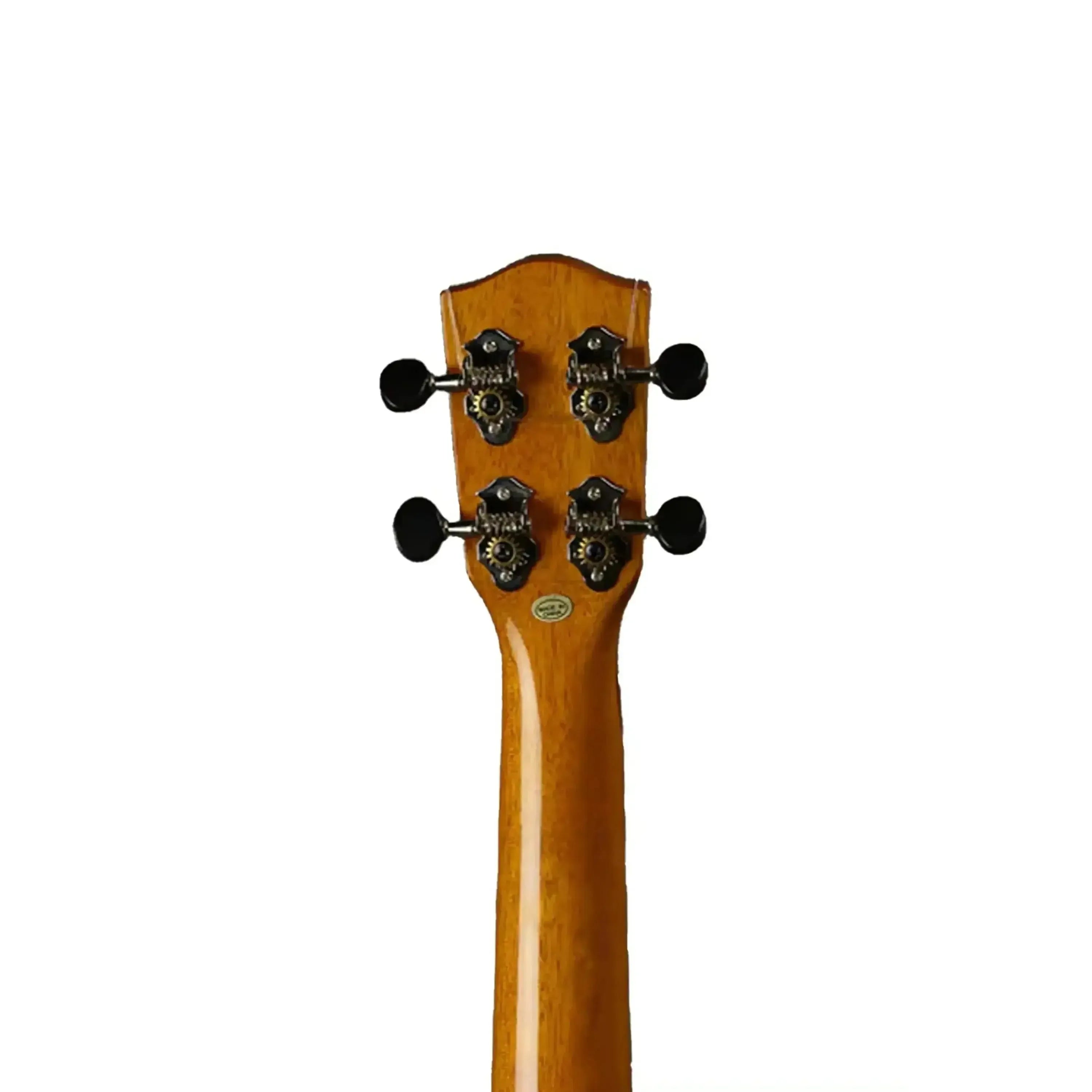 Back of Ohana SK-70WG Soprano Ukulele headstock and mahogany neck with black tuning pegs.