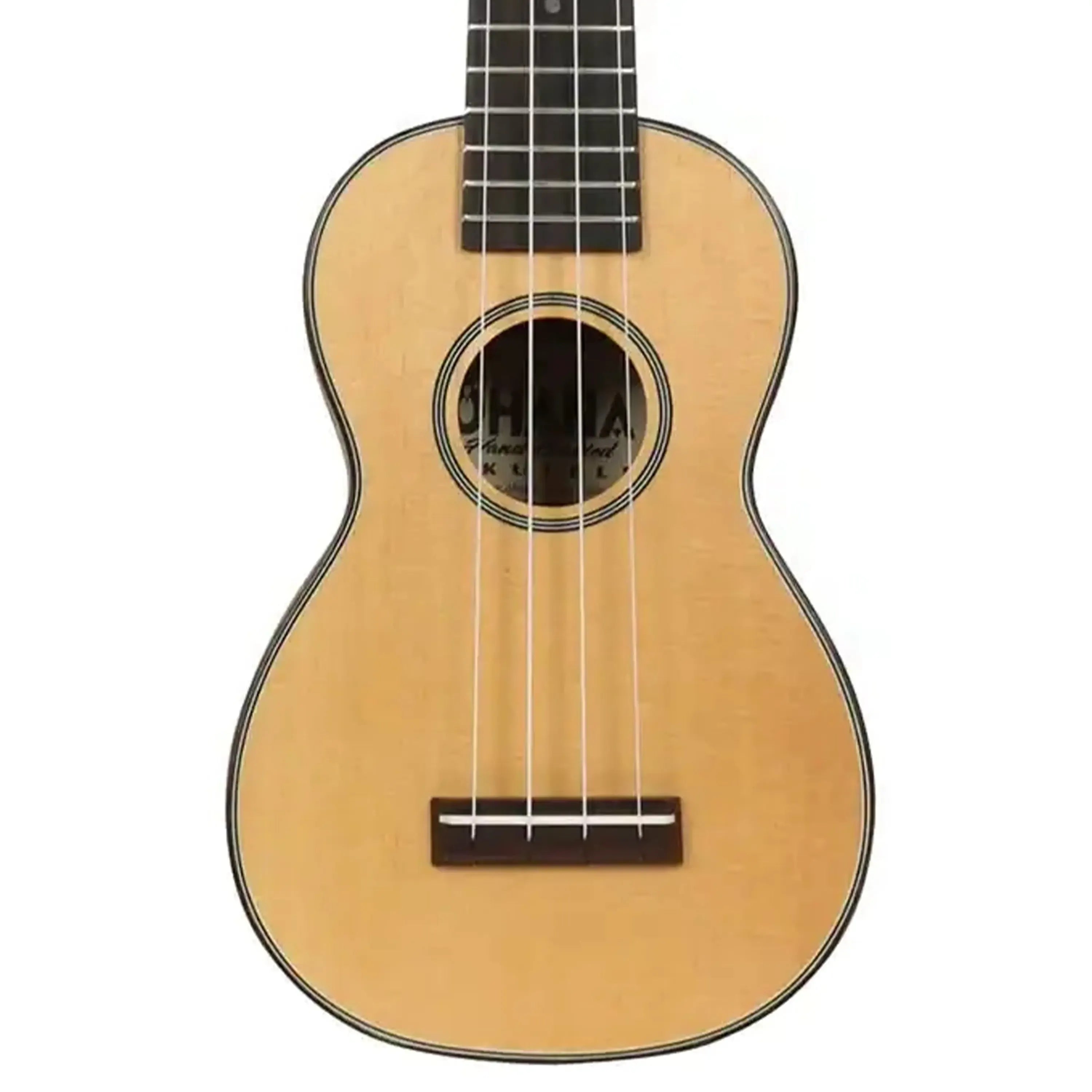 Ohana SK-75 Soprano Ukulele with solid spruce top, rosewood binding, and black & white rosette.