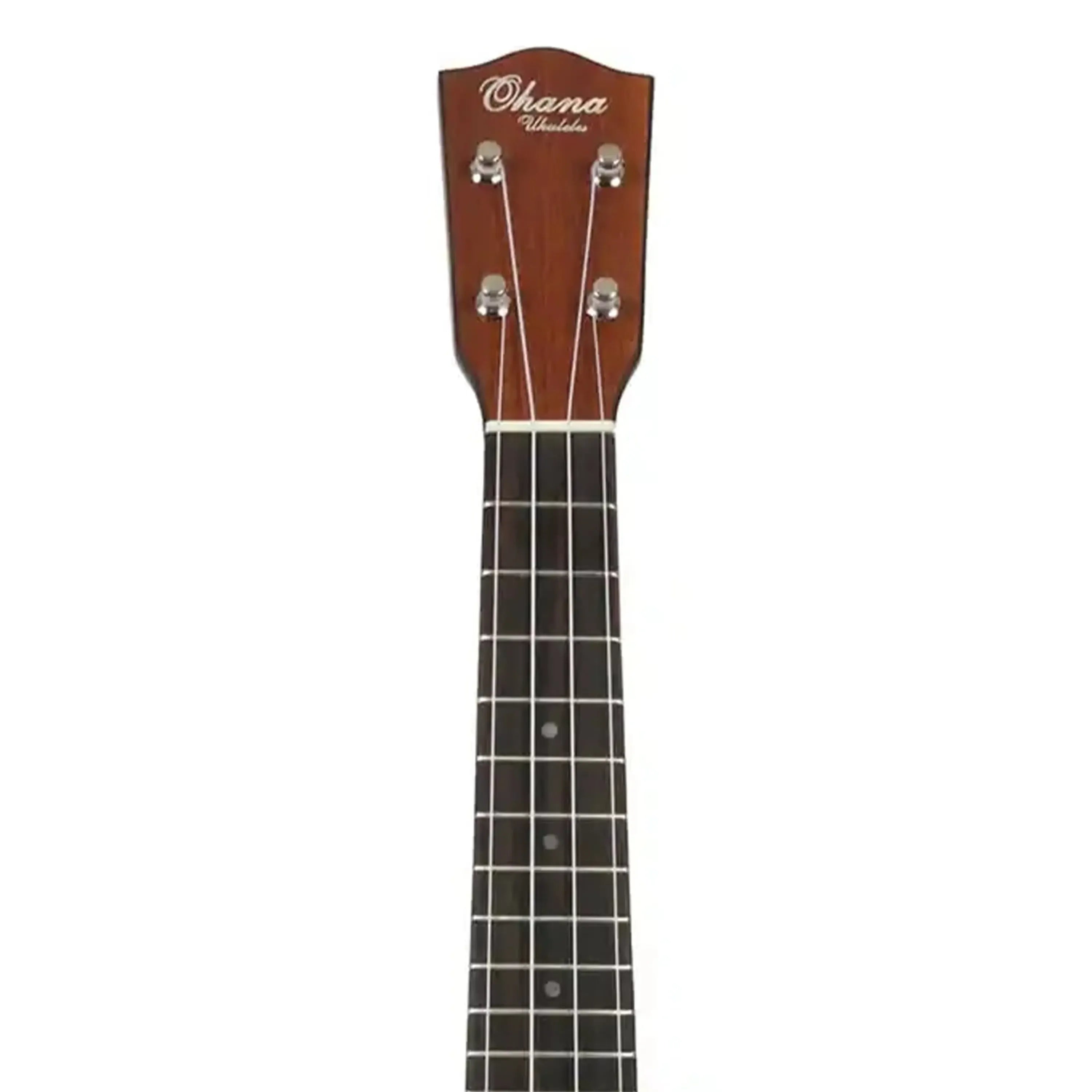 Ohana SK-75 soprano ukulele headstock and fretboard with Gotoh tuners and rosewood.