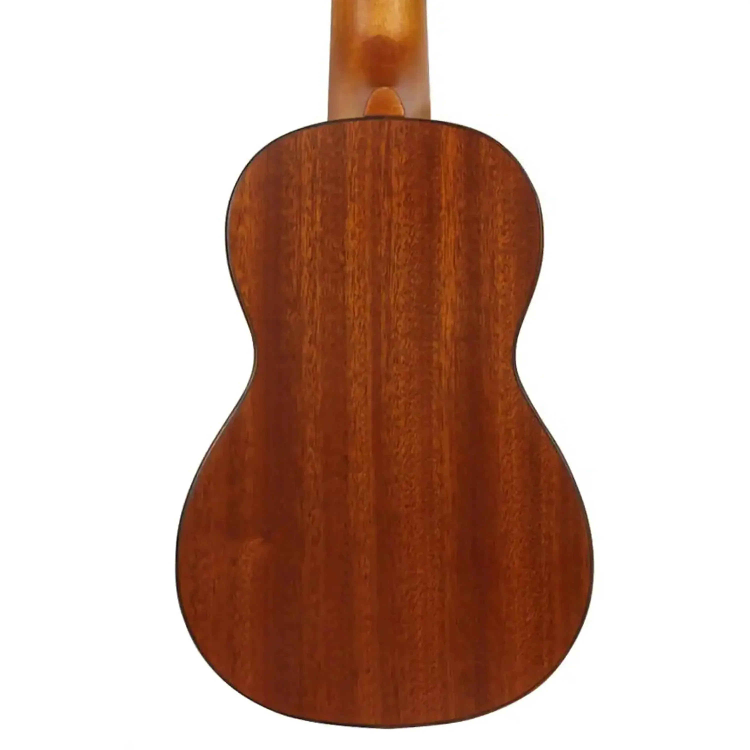 Back of an Ohana SK-75 Soprano Ukulele, showcasing its solid mahogany wood grain and satin finish.