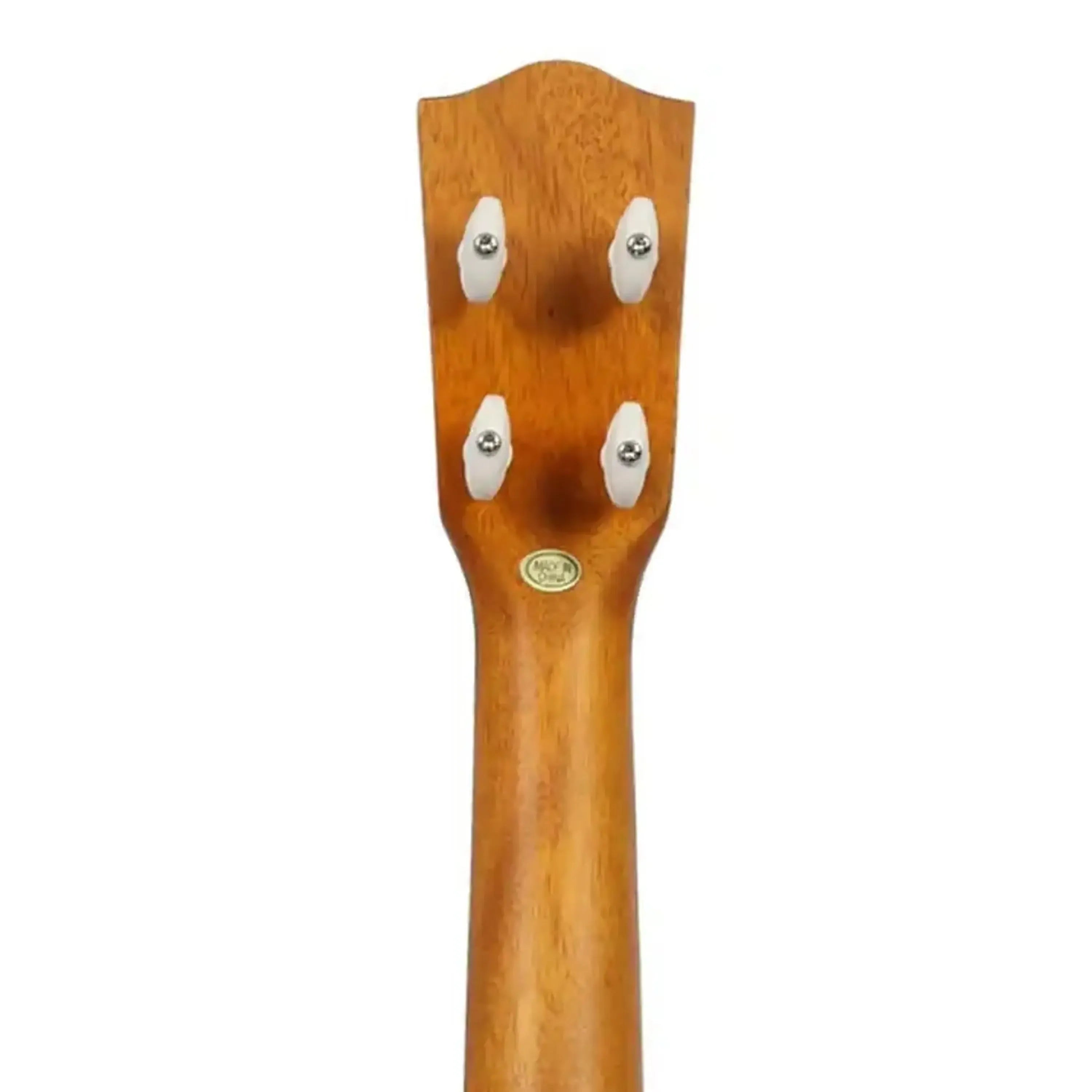 Back of an Ohana SK-75 soprano ukulele headstock and neck, showing Gotoh friction tuners and light brown wood.