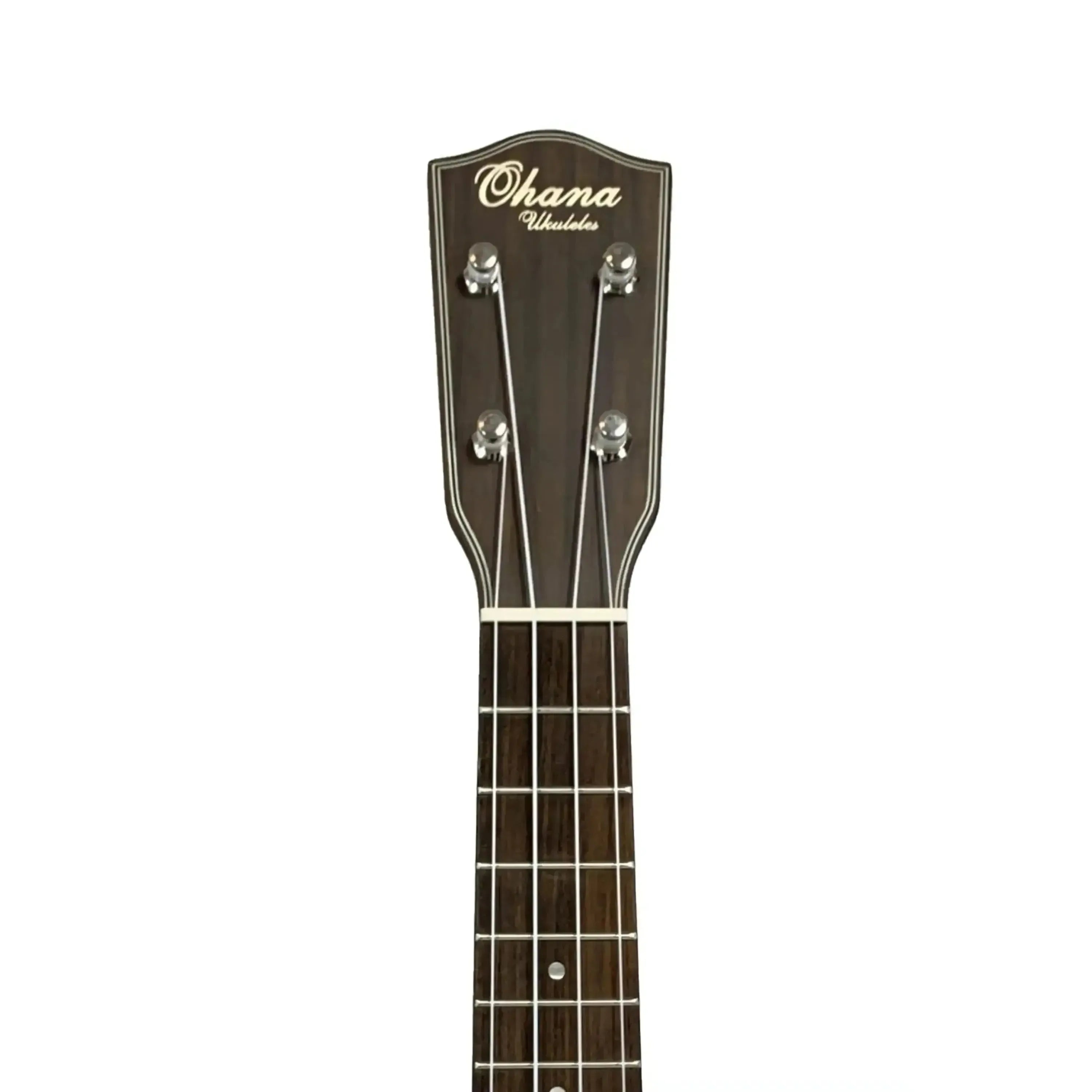 Ohana SKB-35 soprano ukulele headstock and fretboard, dark mahogany with vintage satin finish.