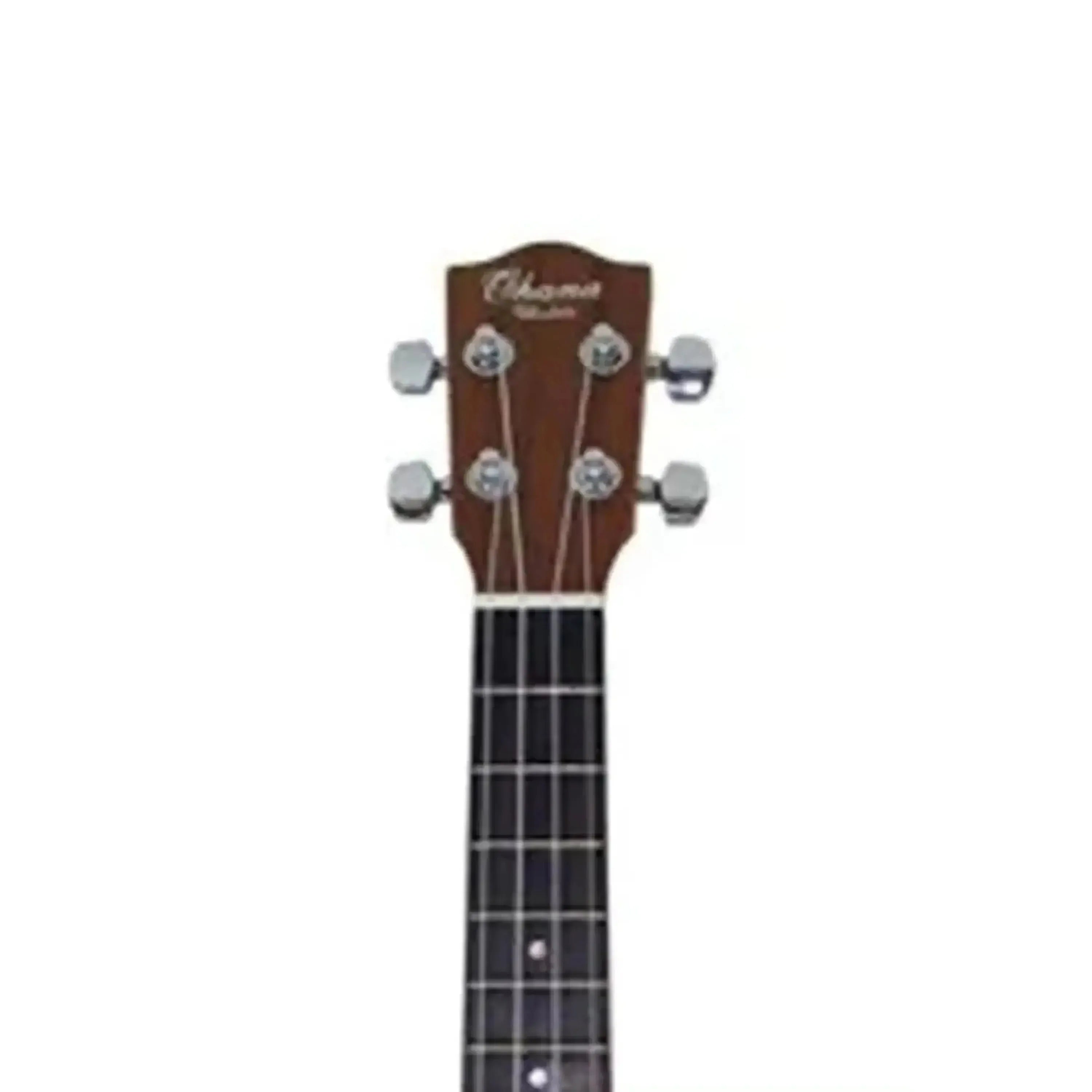 Ohana TK-10 Tenor Ukulele headstock with mahogany finish, open slotted design, and chrome tuners.