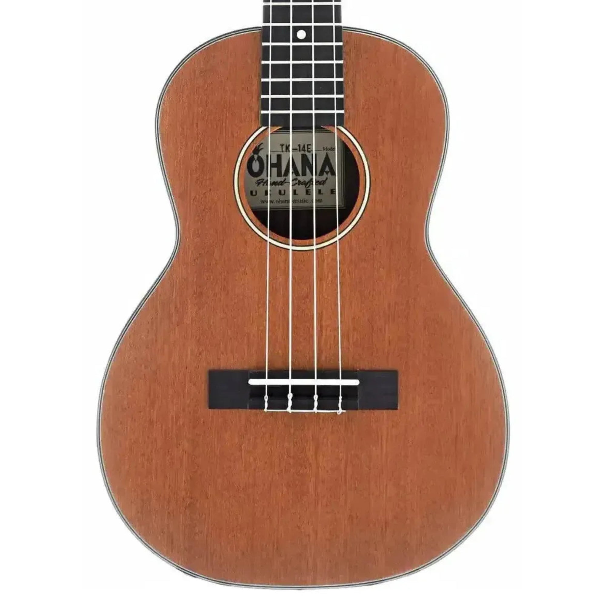 Ohana TK-14E Mahogany Tenor Ukulele with satin finish, black binding, and soundhole label.