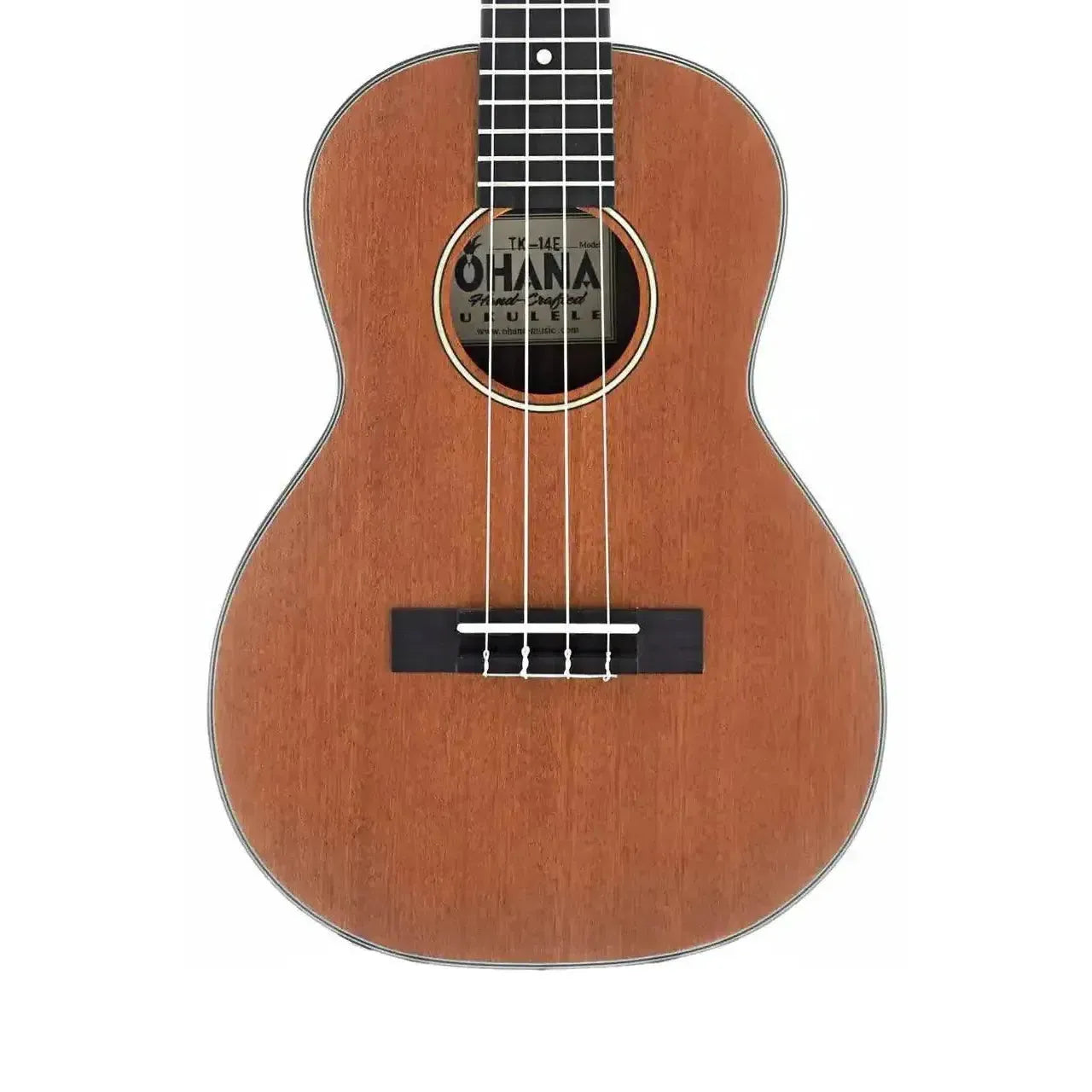 Ohana TK-14E Mahogany Tenor Ukulele with satin finish, black binding, and soundhole label.