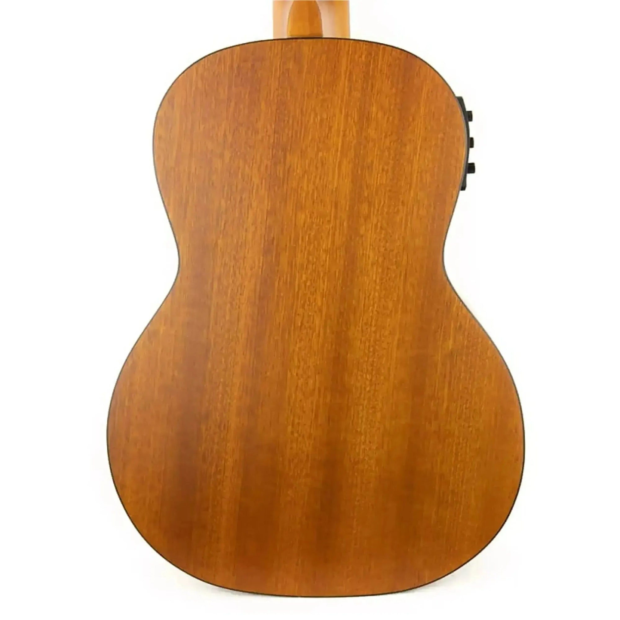 Back of an Ohana TK-14E Tenor Ukulele, showing its mahogany wood with a satin finish.