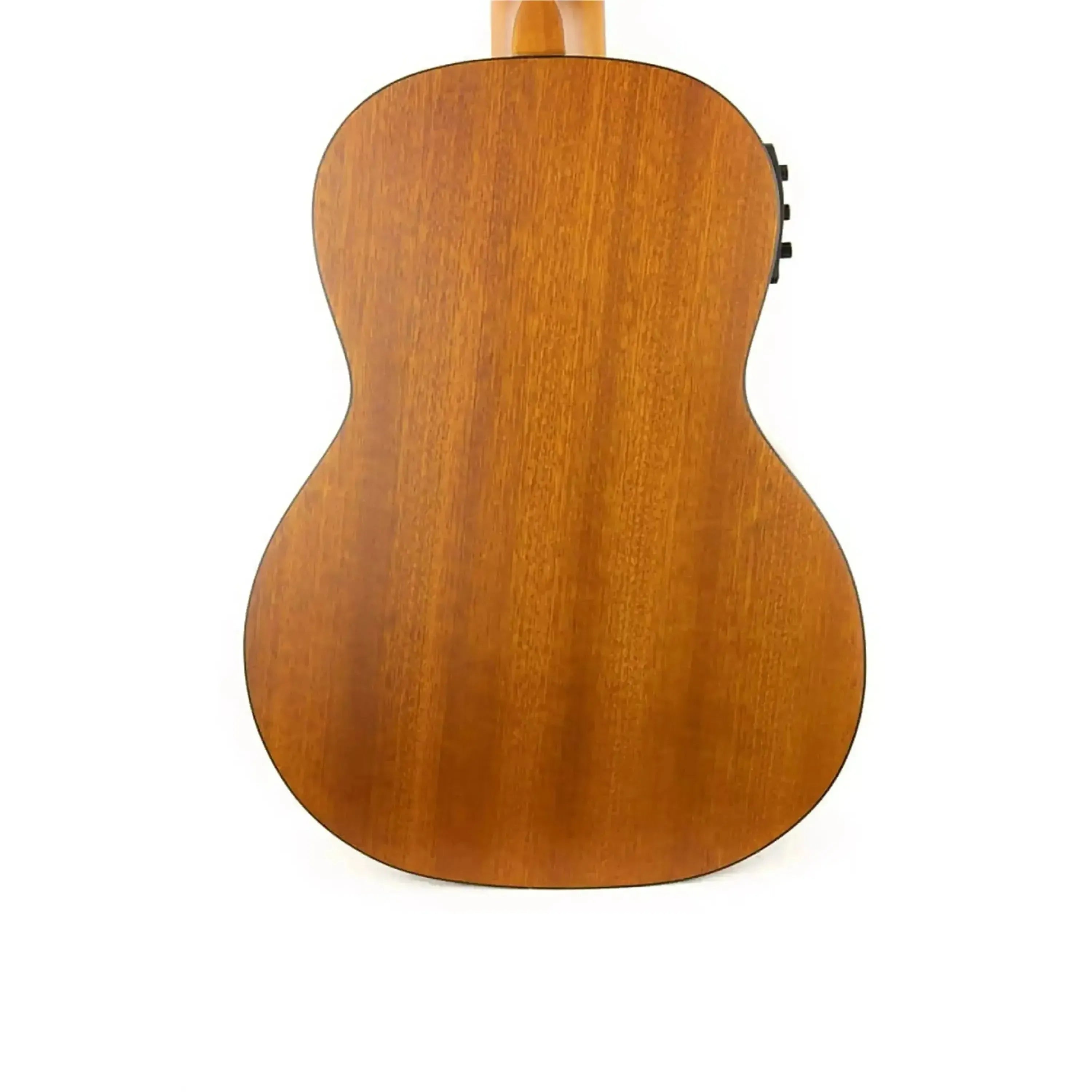 Back of an Ohana TK-14E Tenor Ukulele, showing its mahogany wood with a satin finish.