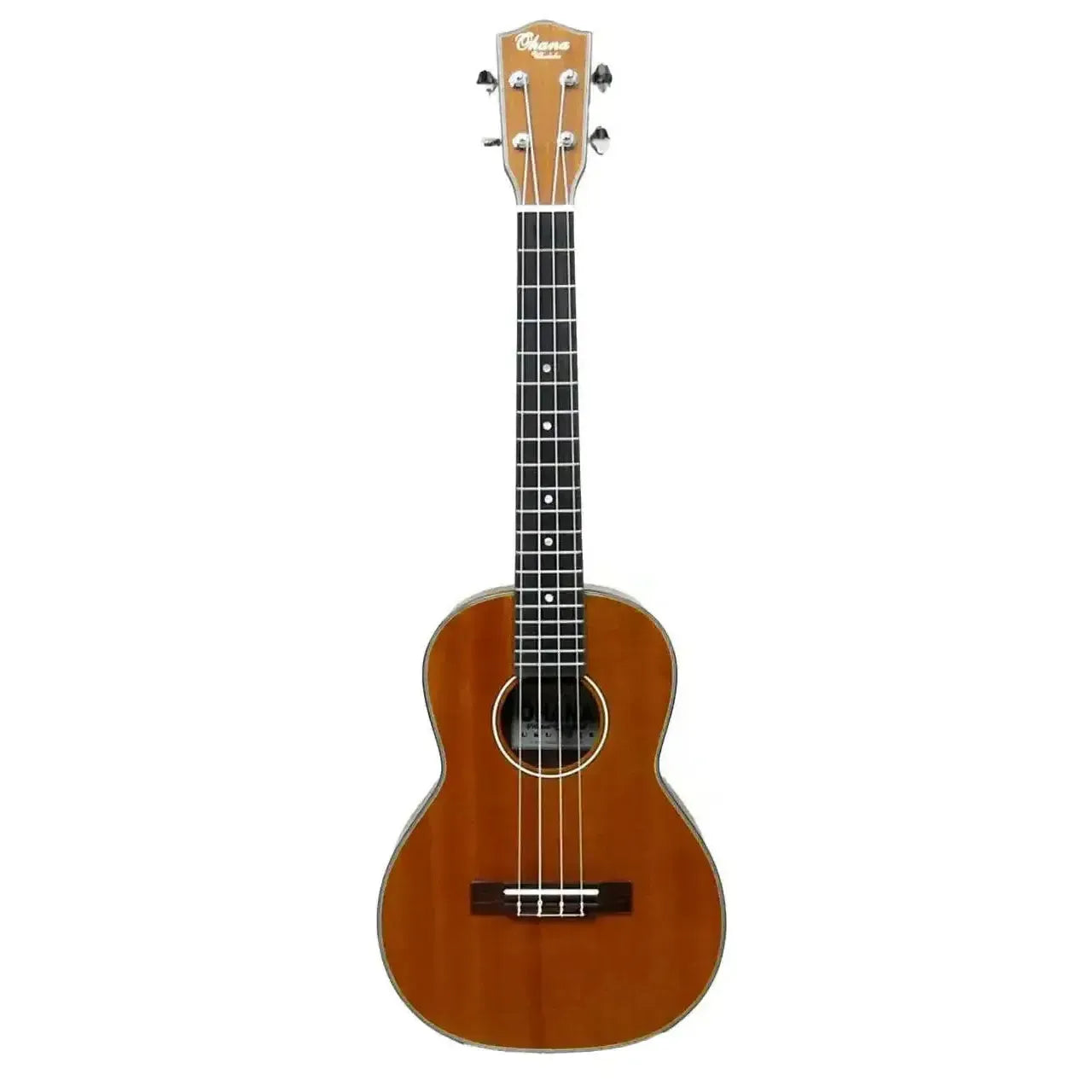 Ohana TK-14E mahogany tenor ukulele with a satin finish, slotted headstock, and black binding.