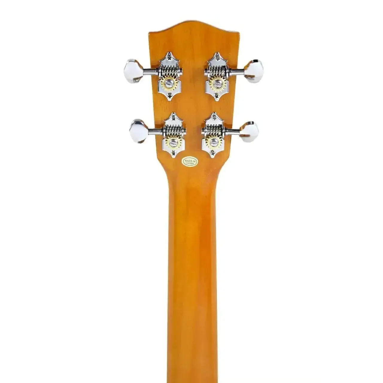 Ohana TK-15WG Tenor Ukulele headstock with chrome Grover open-geared tuners and light brown wood.
