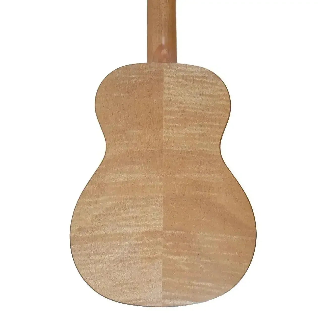 Back of an Ohana TK-18OM Tenor Ukulele, showcasing its light brown exotic Okoume wood with a satin finish.