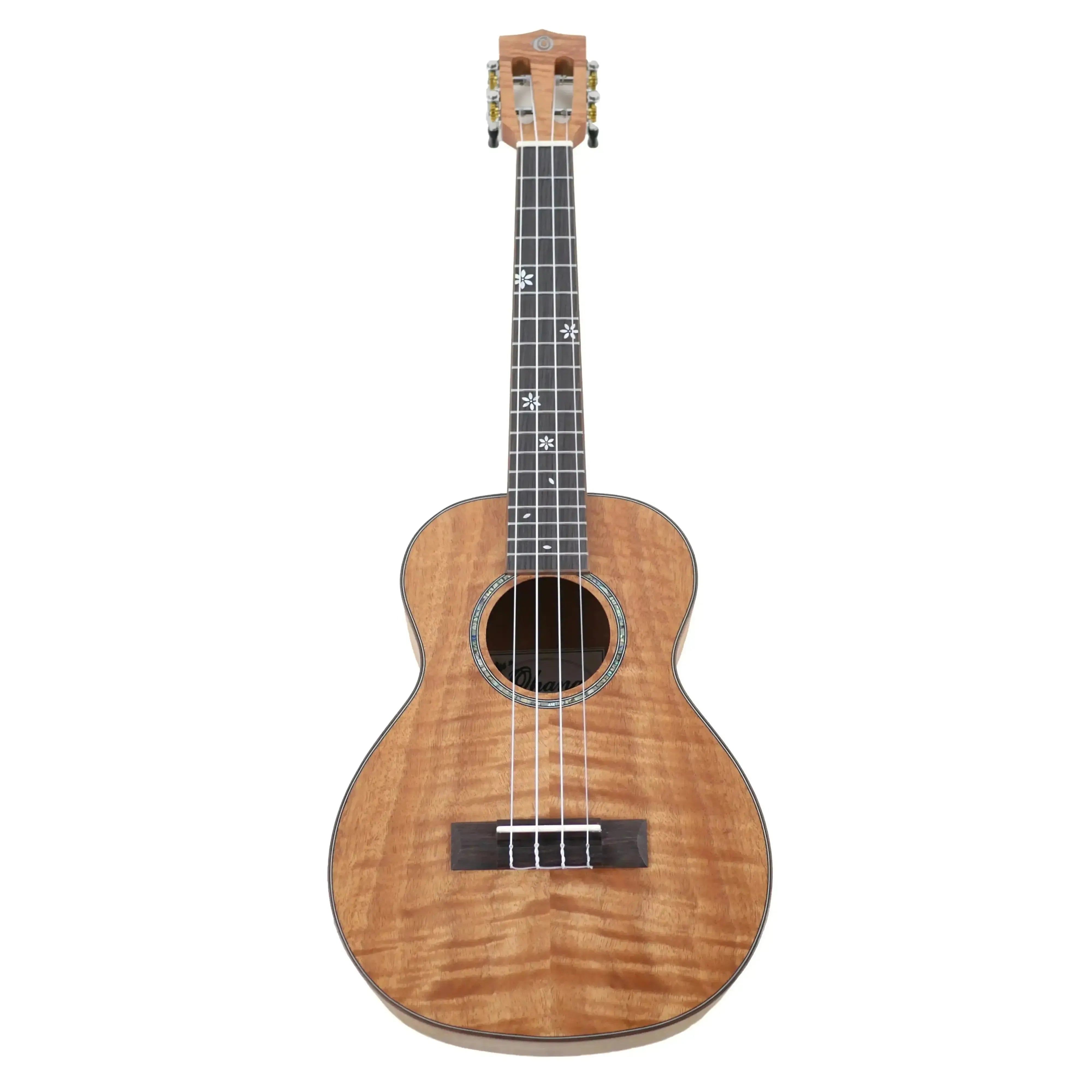 Ohana TK-18OM Exotic Okoume Tenor Ukulele with wavy wood grain, slotted headstock, and snowflake fret markers.