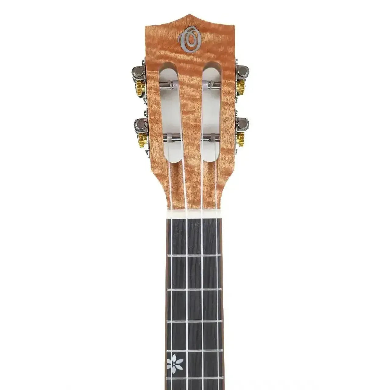 Ohana TK-18OM Tenor Ukulele headstock and fretboard, featuring exotic Okoume wood, slotted headstock, and flower inlay.