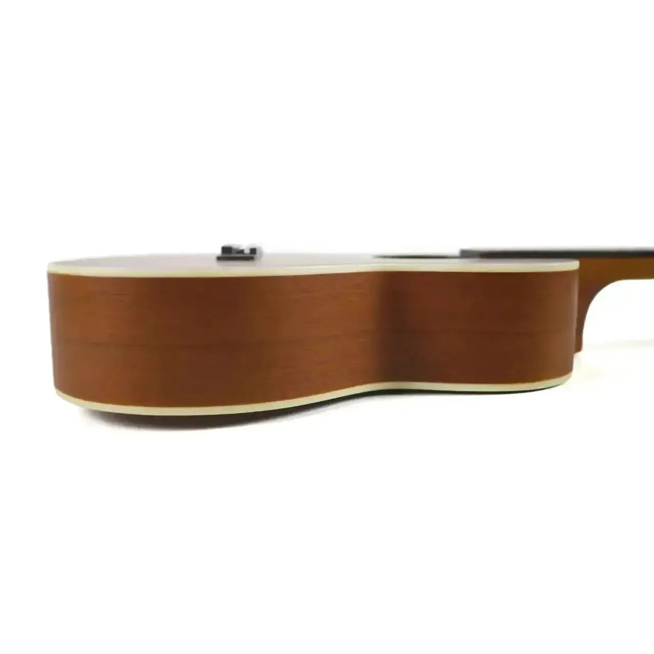 Ohana TK-20 tenor ukulele side view, showing its solid mahogany body with cream binding and satin finish.