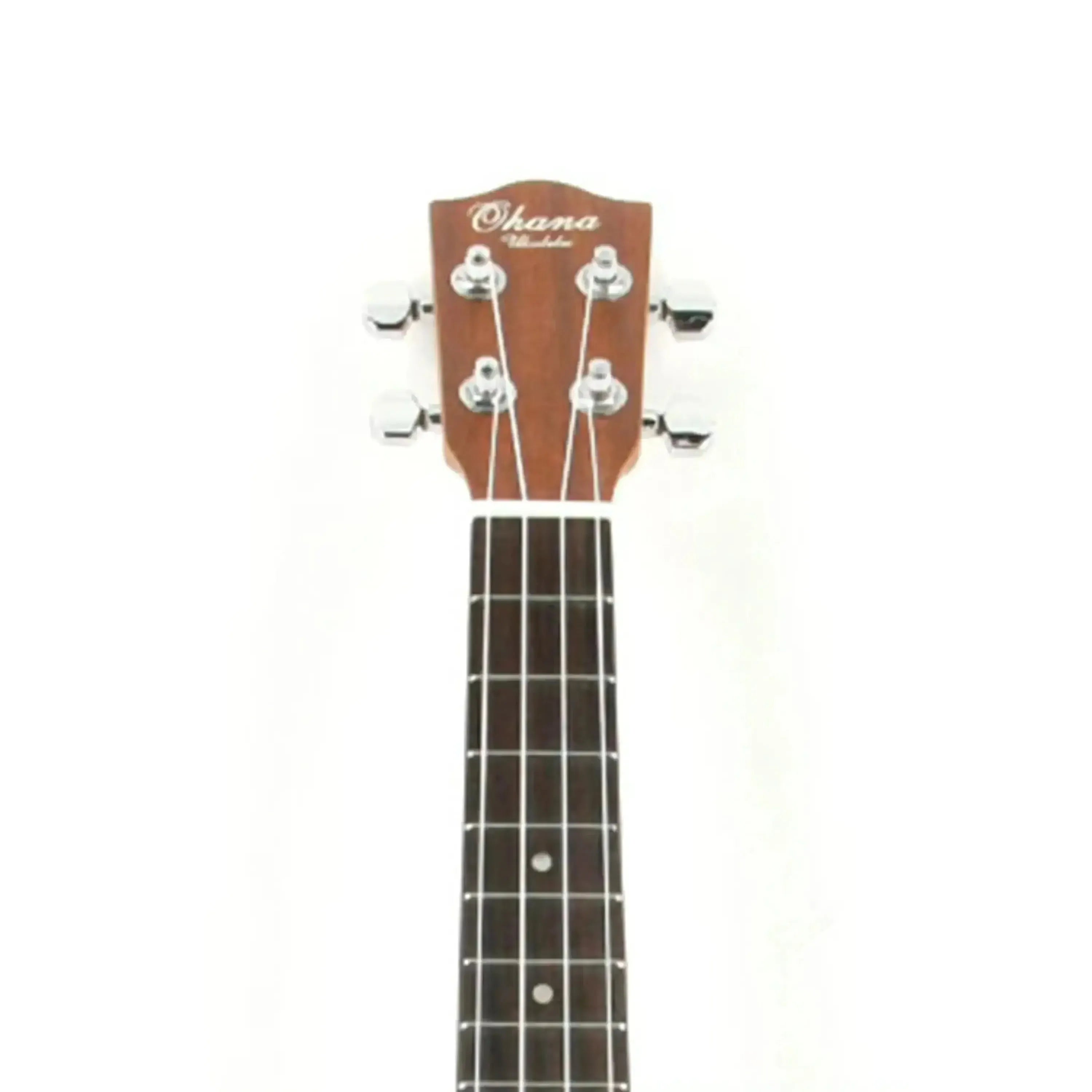 Ohana TK-20CE tenor ukulele headstock and fretboard, solid mahogany with chrome tuners.