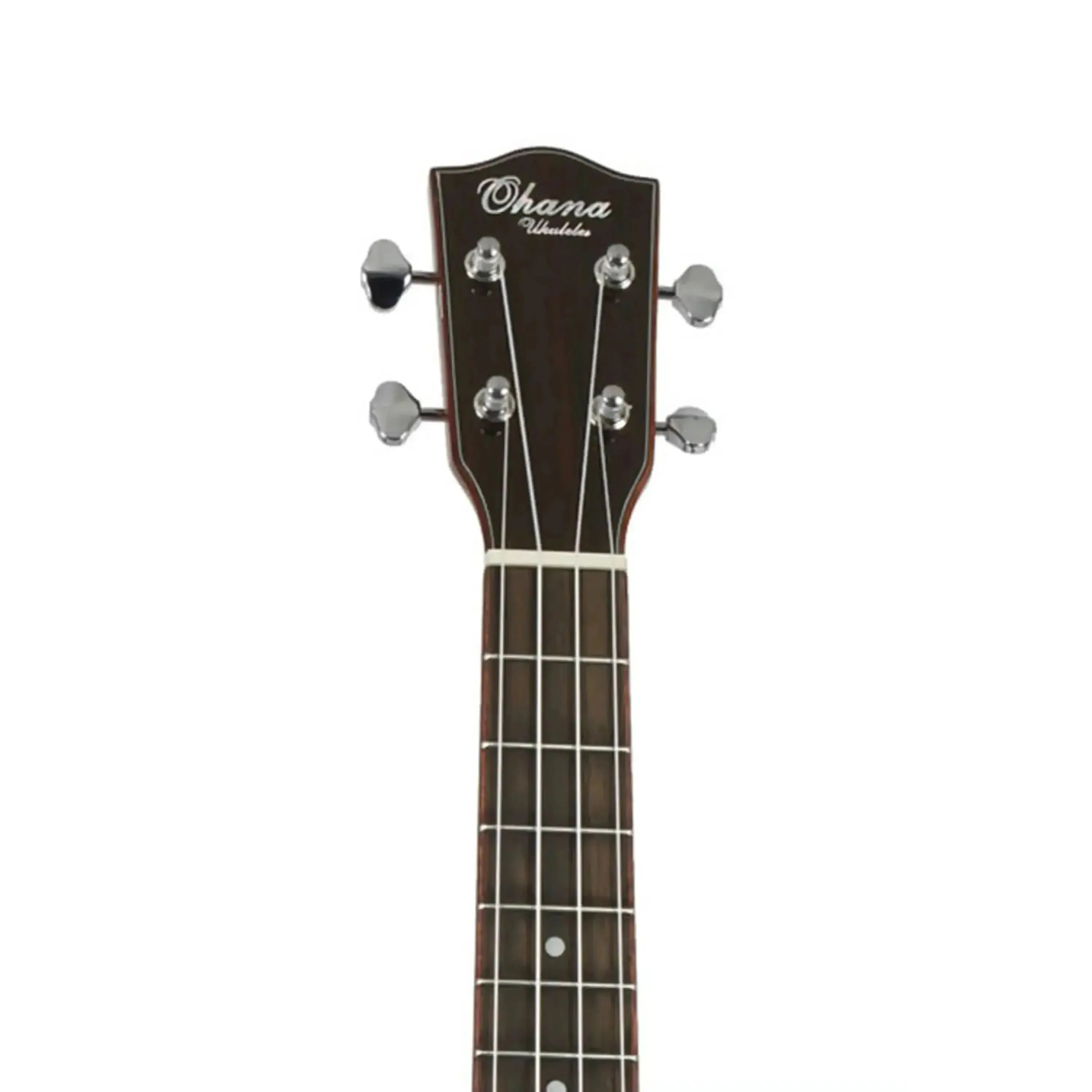 Ohana TK-220G tenor ukulele headstock with dark mango wood, chrome tuners, and white nut.