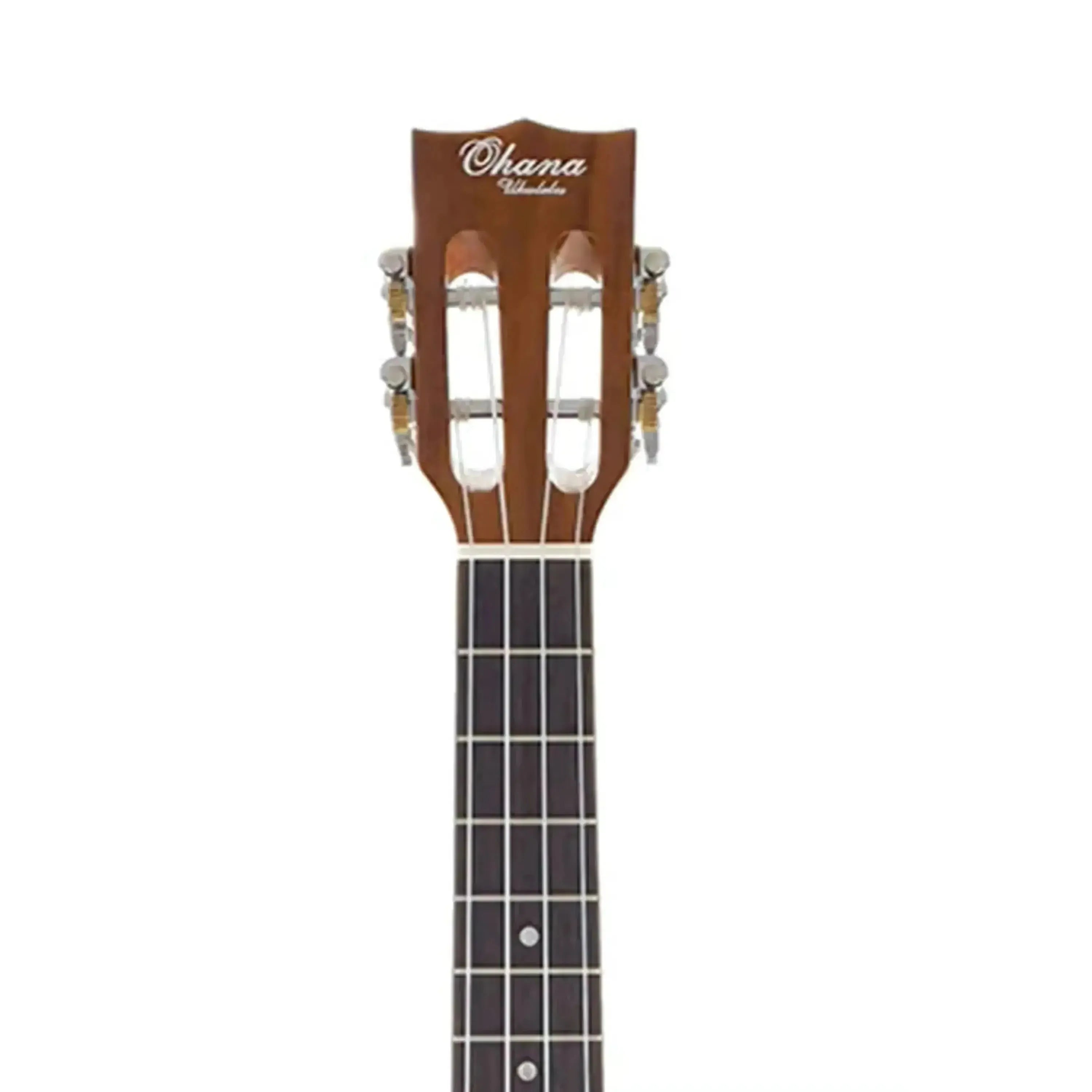 Ohana TK-250G Tenor Ukulele headstock with slotted design, Grover tuners, and dark fretboard.