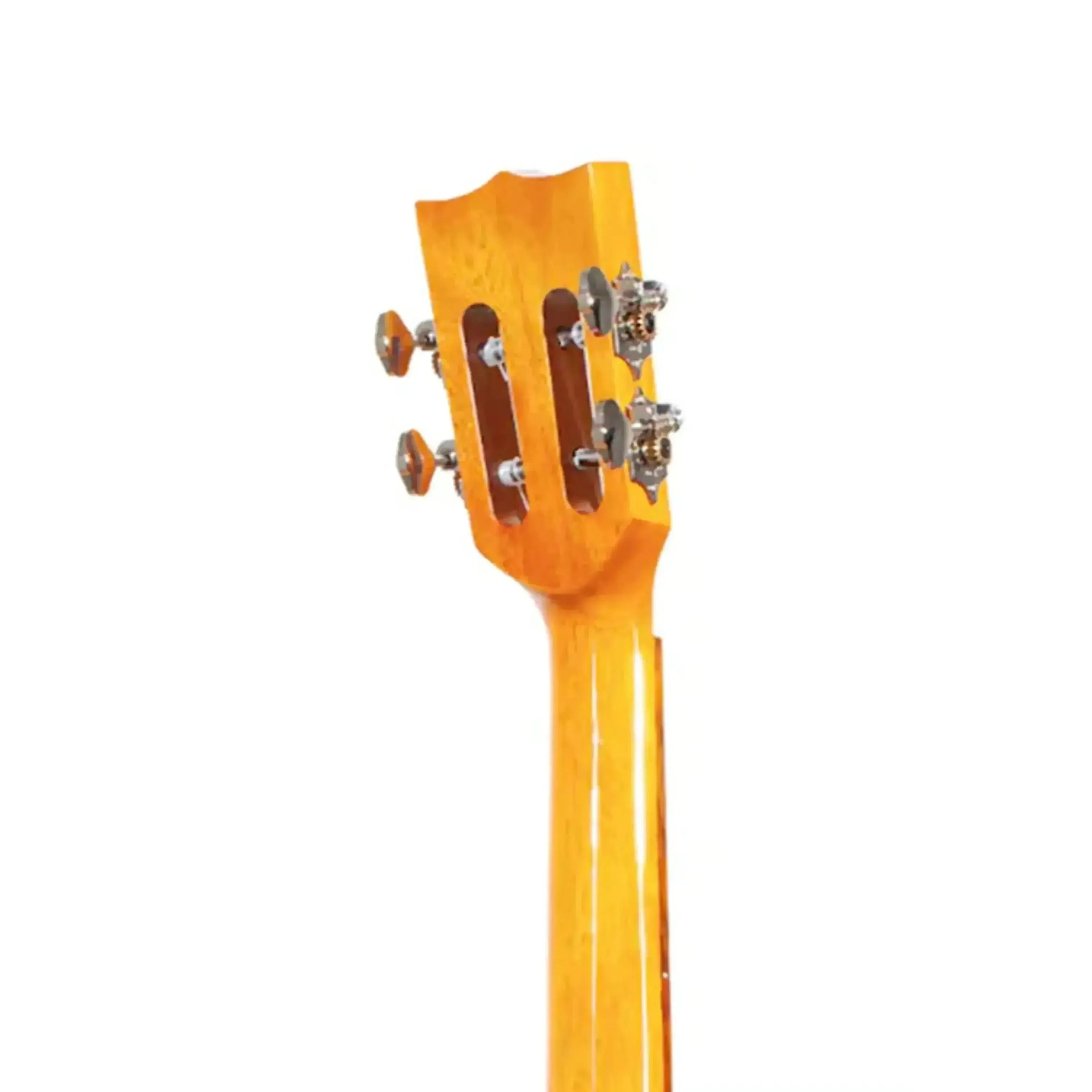 Ohana TK-250G tenor ukulele's glossy mahogany neck and slotted headstock with chrome tuners.