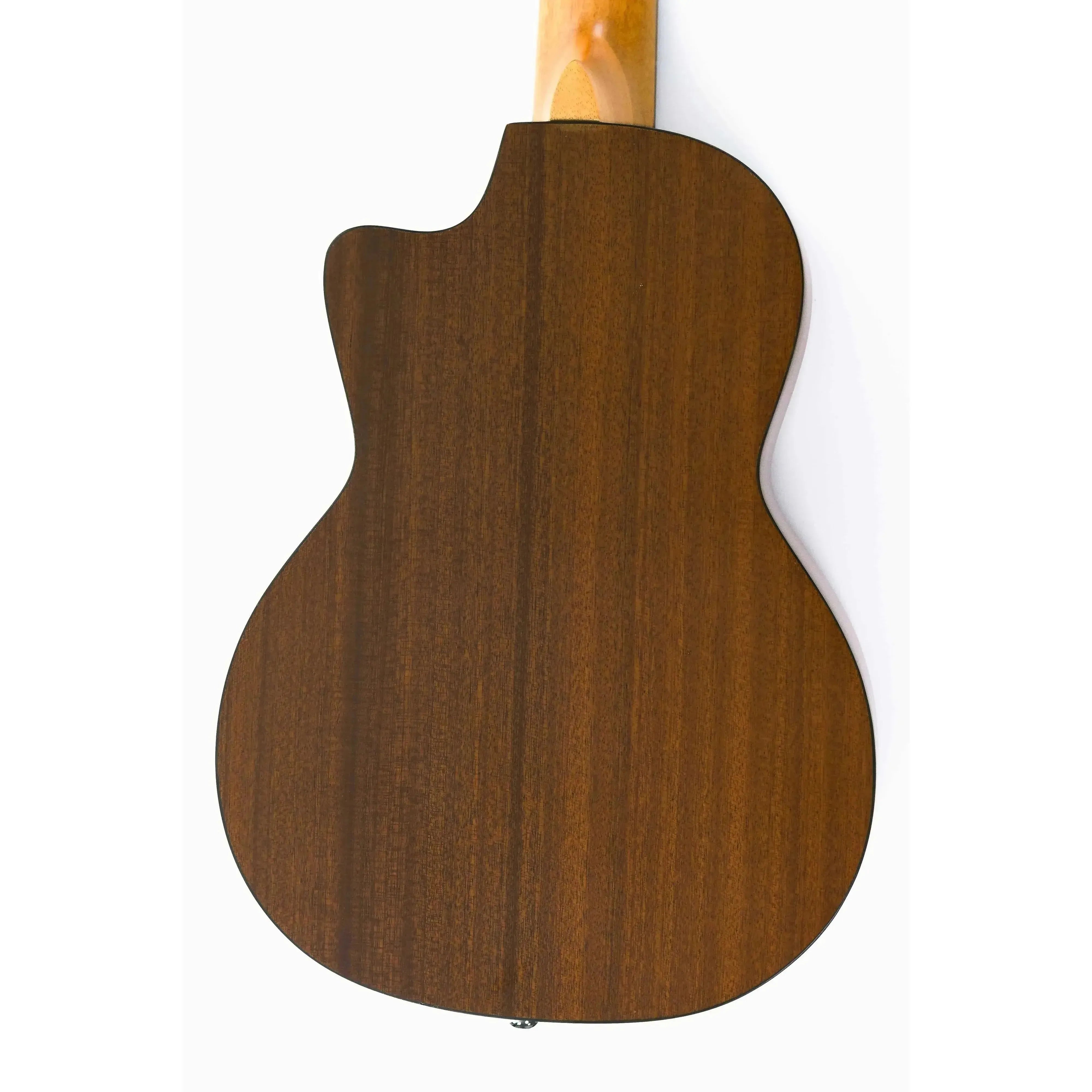 Back of an Ohana TK-25CE-CL Cynthia Lin tenor ukulele, showing its dark mahogany wood grain.