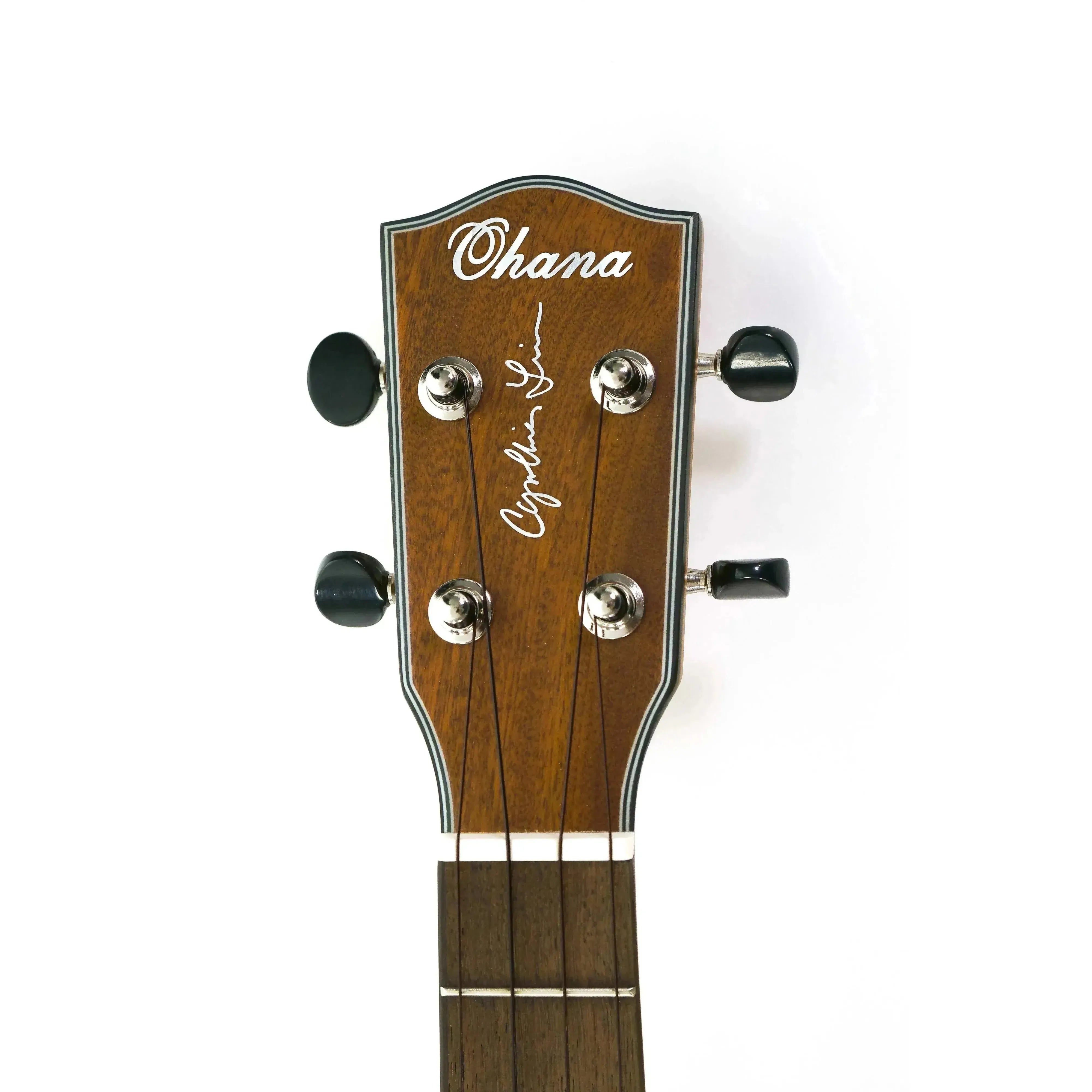 Ohana TK-25CE-CL Cynthia Lin tenor ukulele headstock with mahogany finish and Grover tuners.