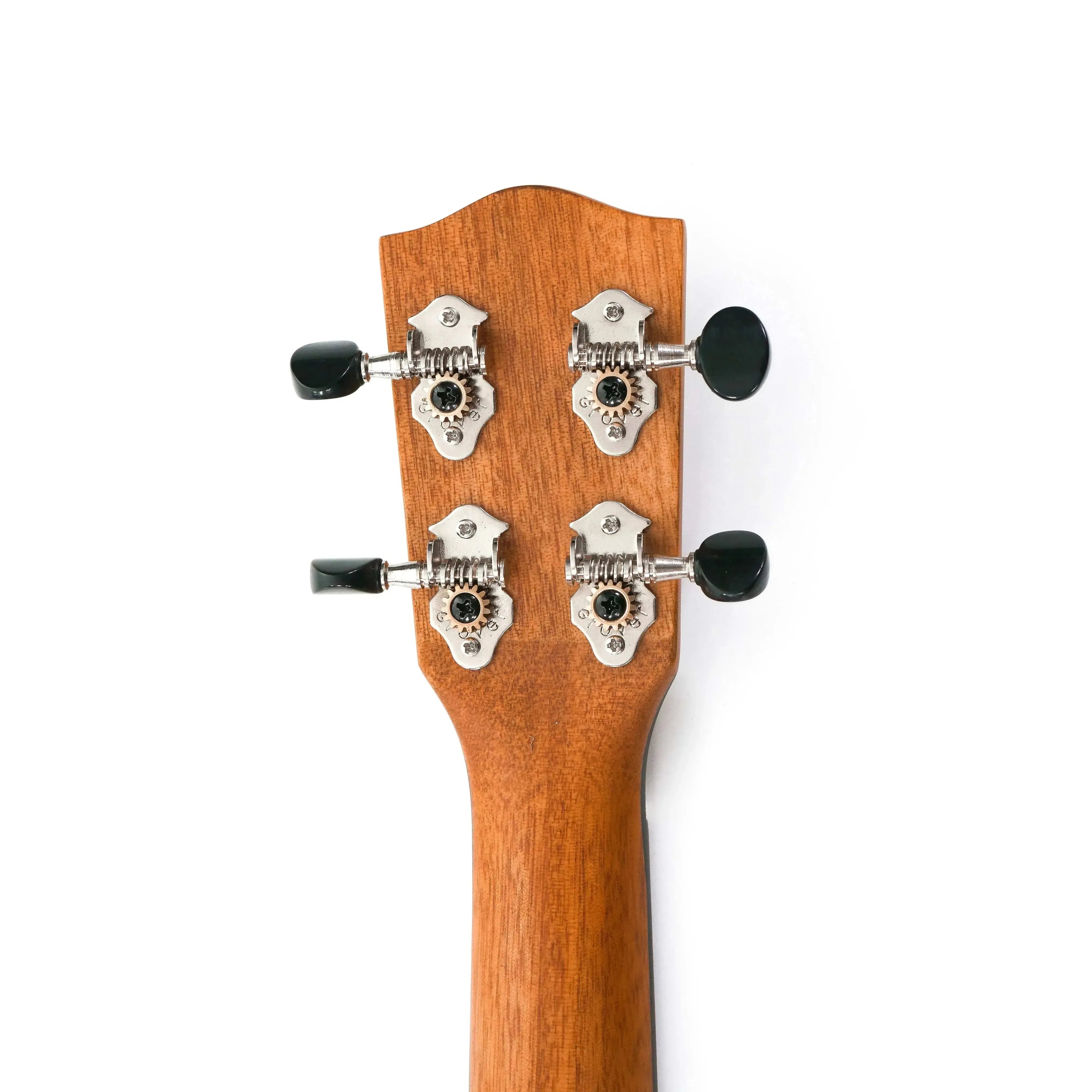 Ohana TK-25CE-CL tenor ukulele mahogany headstock with four open Grover geared tuners.