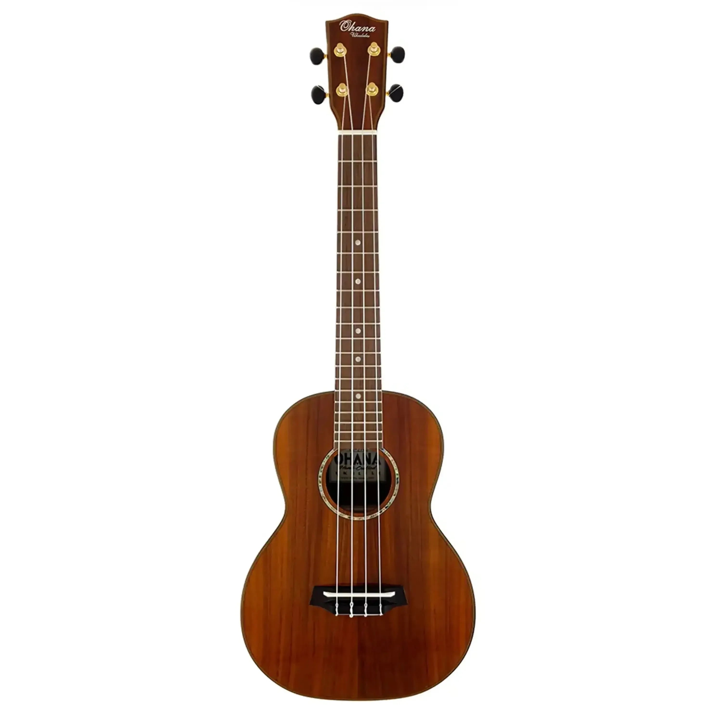 Ohana TK-270G Gloss Solid Acacia Tenor Ukulele with abalone rosette and Grover tuners.