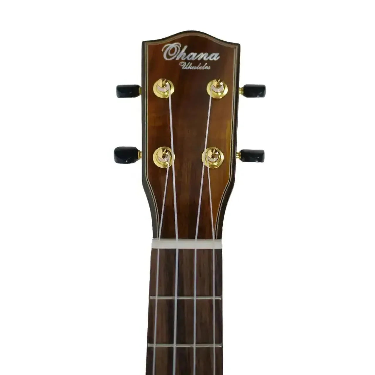 Ohana TK-270GCE tenor ukulele headstock with gold tuners and "Ohana Ukuleles" logo.
