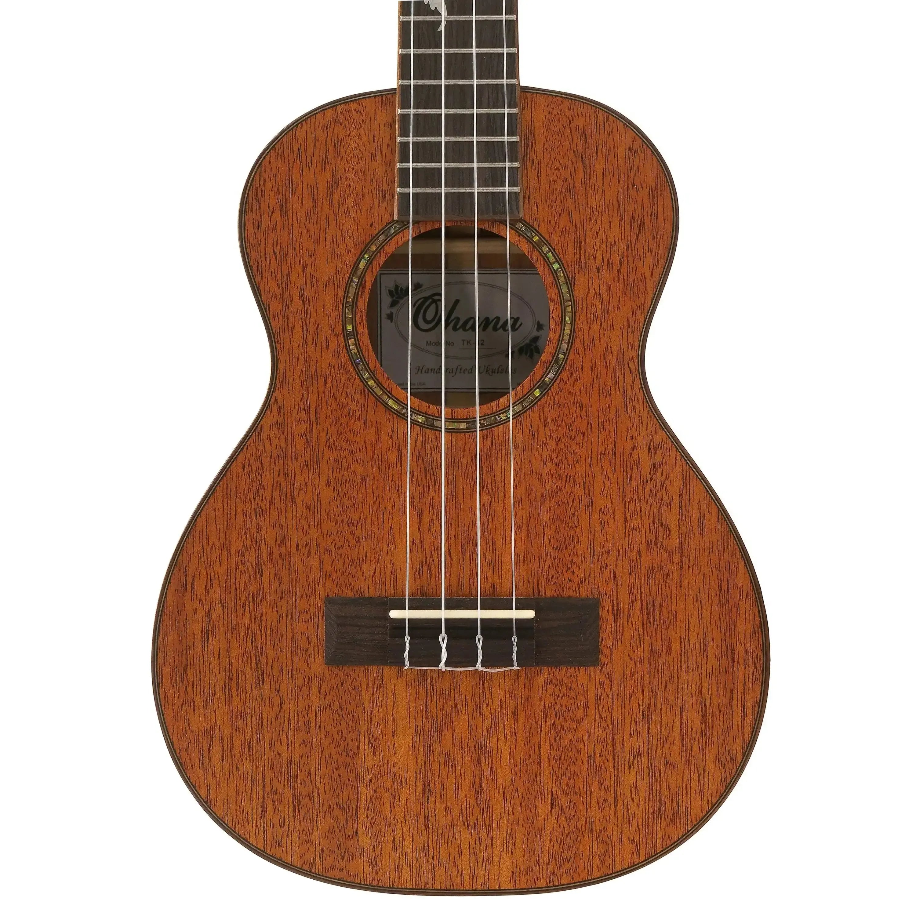 Ohana TK-32 solid mahogany tenor ukulele body with abalone rosette and black walnut binding.