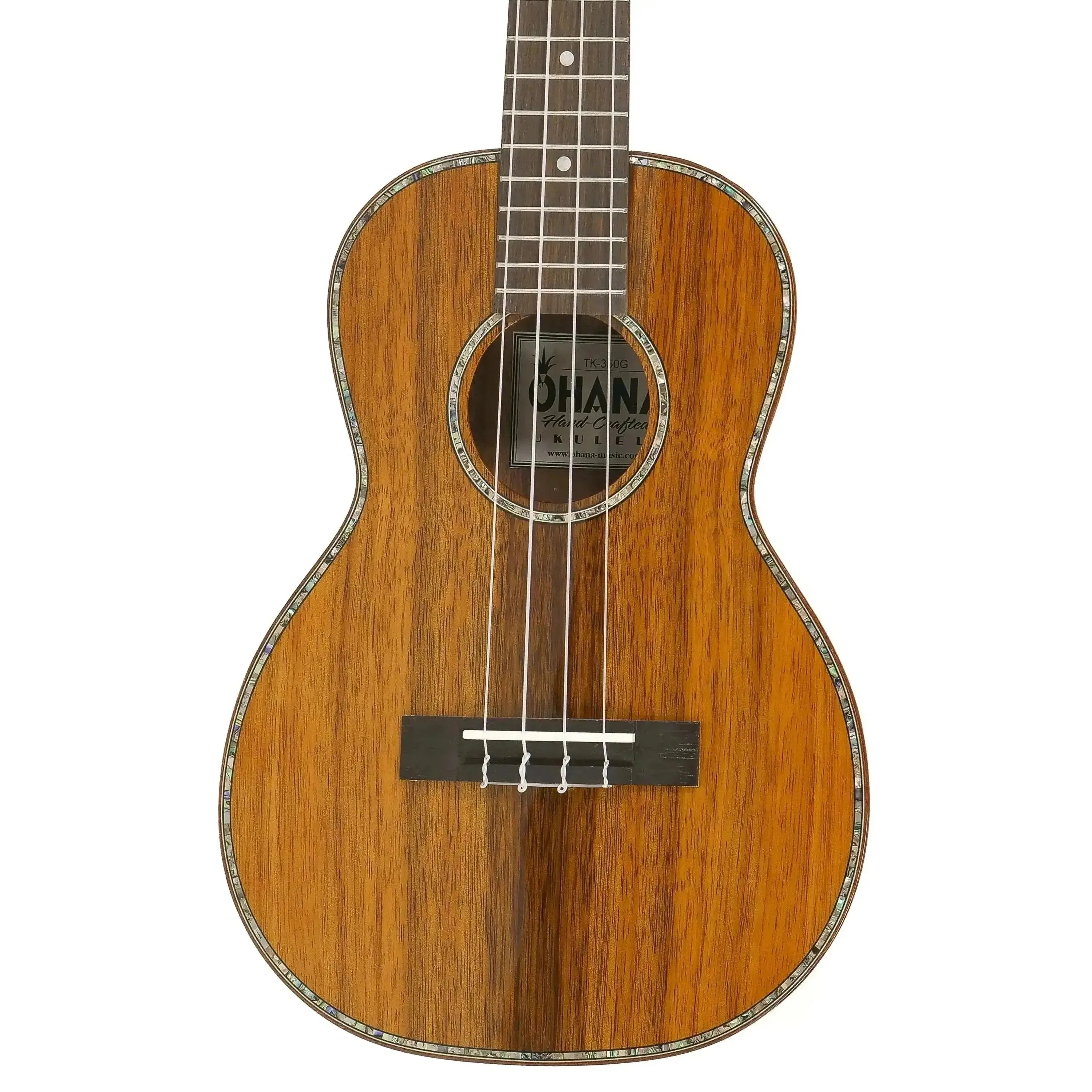 Ohana TK-350G Gloss Solid Hawaiian Koa Tenor Ukulele with abalone inlay and mahogany binding.