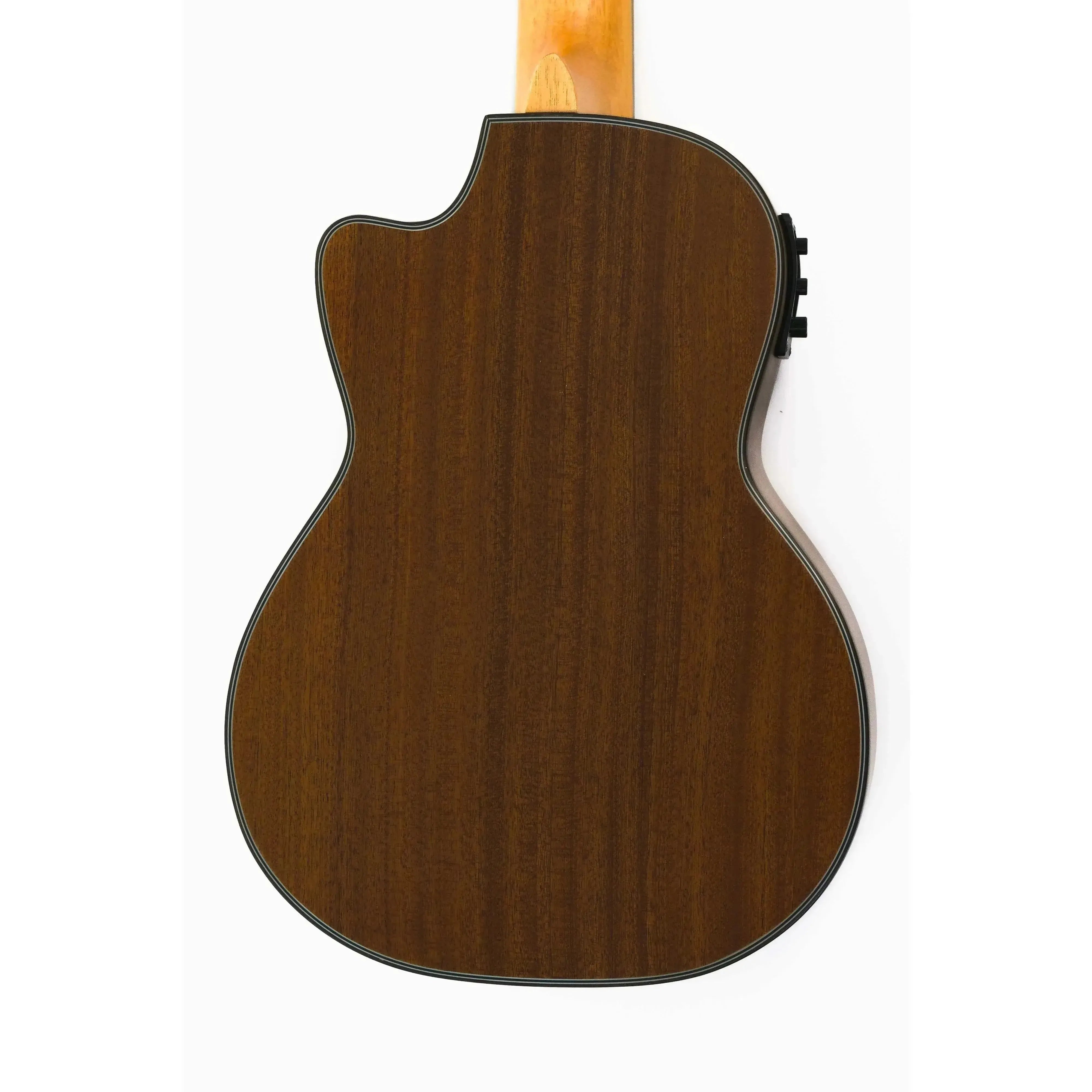 Ohana TK-35CE solid mahogany tenor ukulele back with satin finish and cutaway.